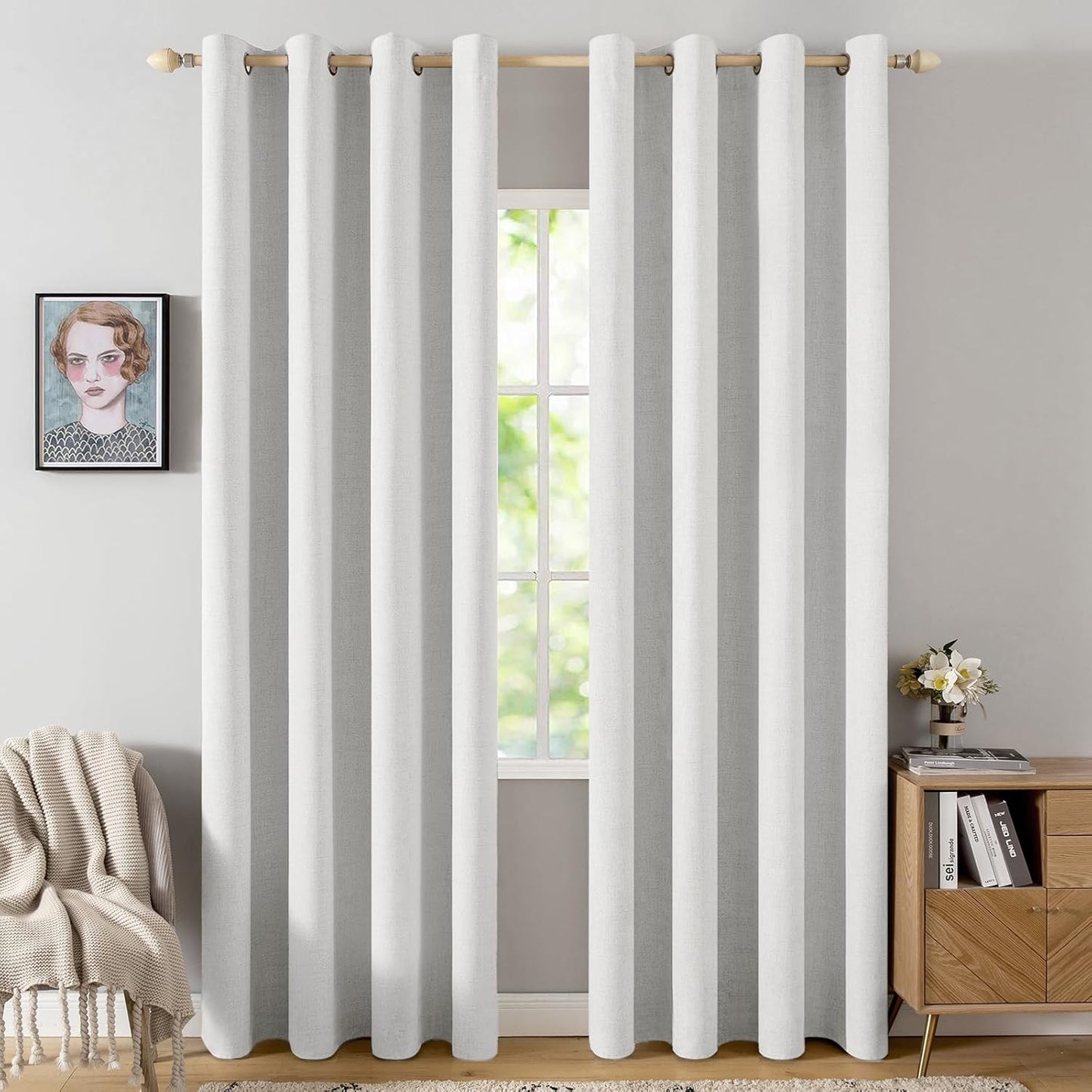 MIULEE 100% Blackout Linen Textured Curtains for Bedroom Solid Thermal Insulated Heathered White Grommet Room Darkening Curtains & Drapes Luxury Decor for Living Room Nursery 52 x 84 Inch (2 Panels)