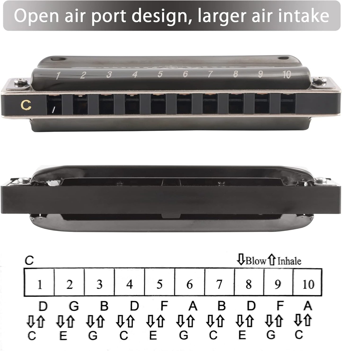 SWAN Blues Harmonica C Key for Kids& Adults, 10 Hole 20 Tone Diatonic Harmonica Key of C Blues Harp for Beginners& Students, Mouth Organ in Stainless Steel Gunmetal Black, SW1020-7C