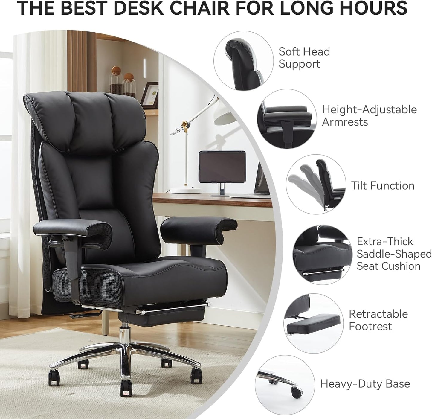 Efomao Ergonomic Office Chair 450LBS with Foot Rest, High Back PU Leather Executive Office Chair with Adjustable Armrests, Lumbar Support for Home or Work, Computer Chair, Black