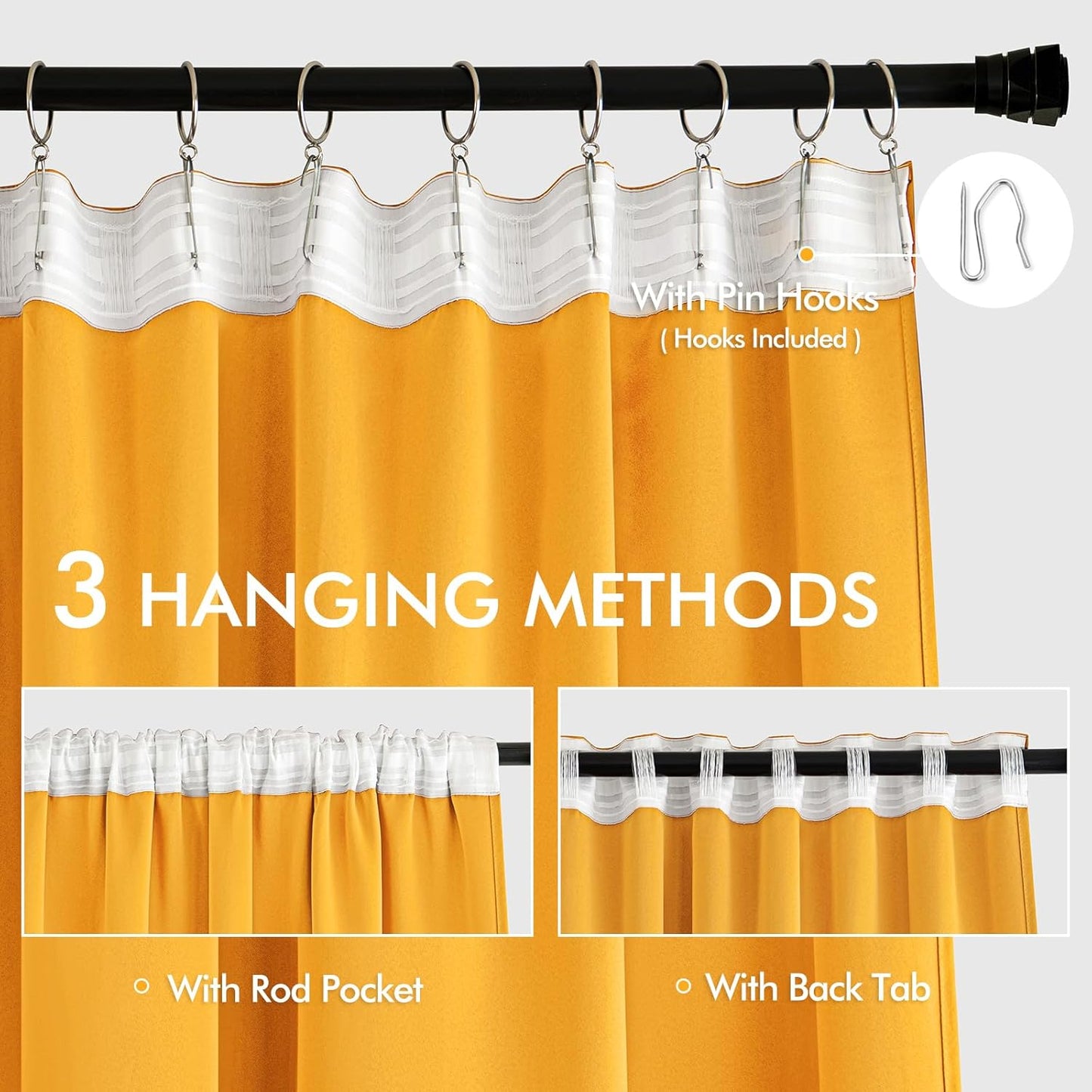 MIULEE Yellow Back Tab Blackout Curtains 108 Inch Long 2 Panels Set for Bedroom, Rod Pocket/Pinch Pleat Extra Long Thermal Insulated Living Room Darkening Pleated Light Blocking Drapes