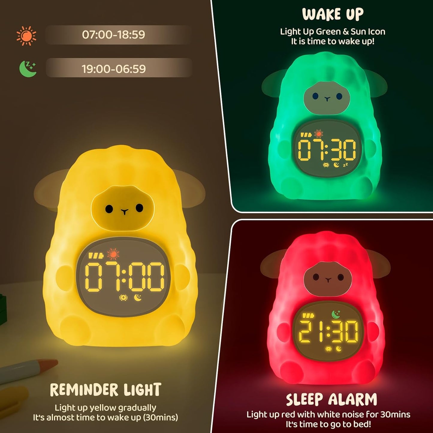 Sheep Alarm Clock with Night Light for Kids with Sleep Training and Sound Machine, Rechargeable Silicone Lamp OK to Wake Clock，Cute Animal Tabletop Lamp, Perfect Sleep Companion for Boys Girls