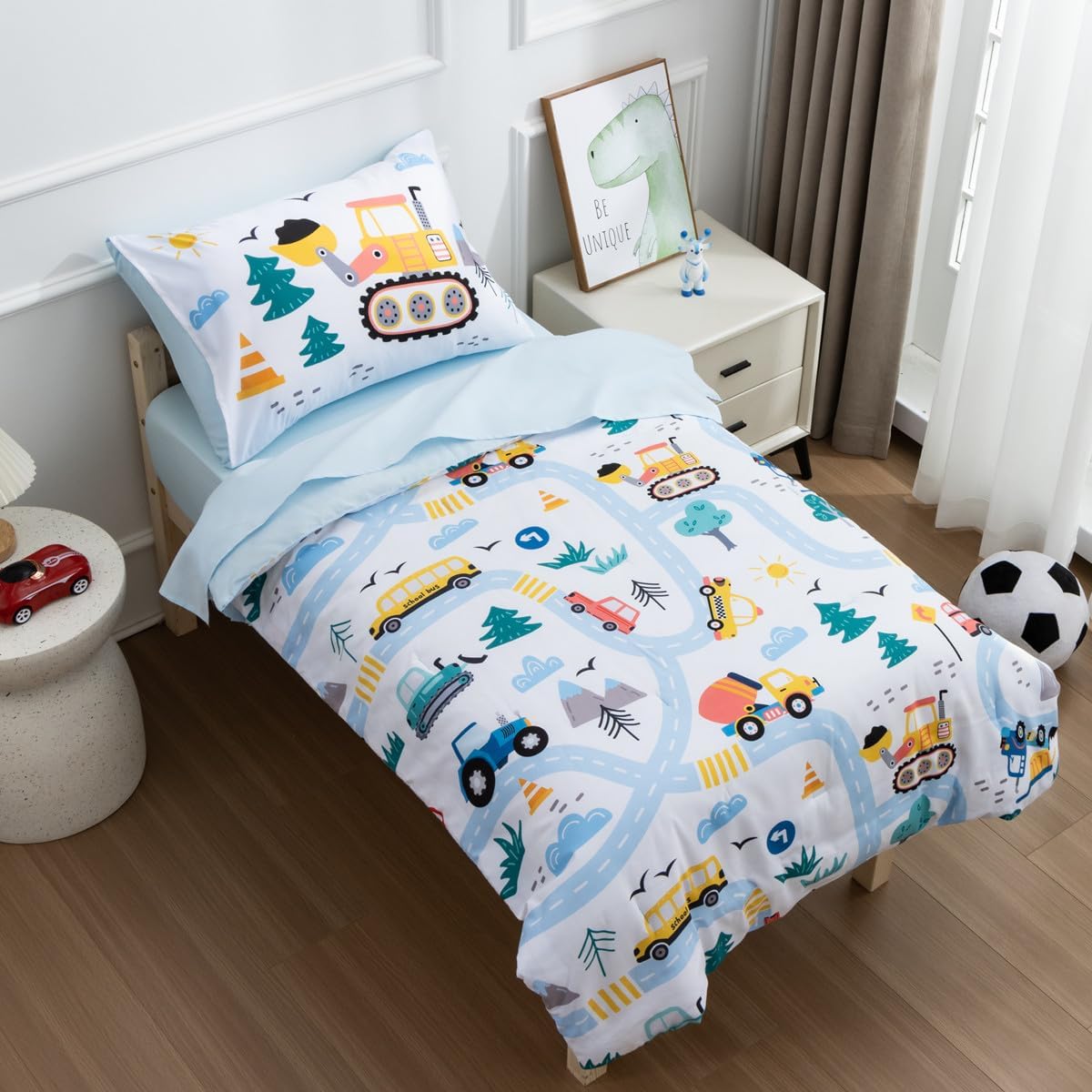 NTBED 4 Pieces Construction Toddler Bedding Set for Baby Boys, Truck Vehicles Excavator Cars Printed, Includes Comforter, Flat Sheet, Fitted Sheet and Pillowcase,Light Blue