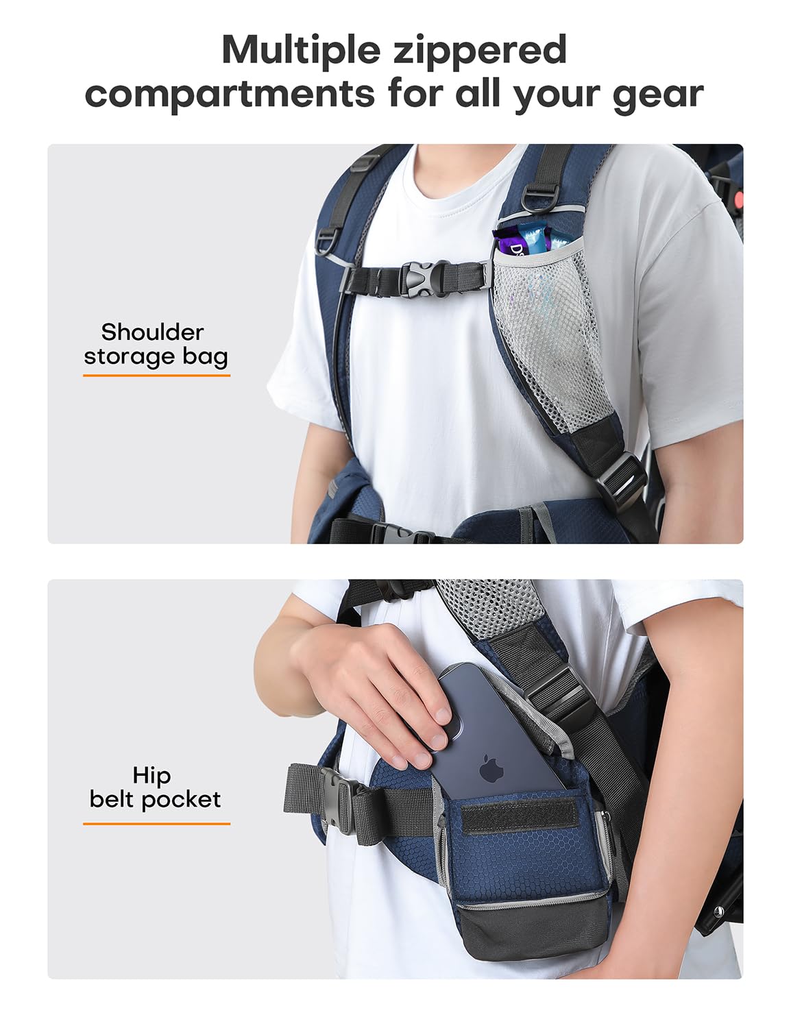 besrey Baby Backpack Carrier, Toddler Hiking Backpack with Safety 3-Height Seat, Adjustable Straps&Waist Belt, Foldable Frame Lightweight Large Capacity Child Carrier for Hiking (Blue/Grey)