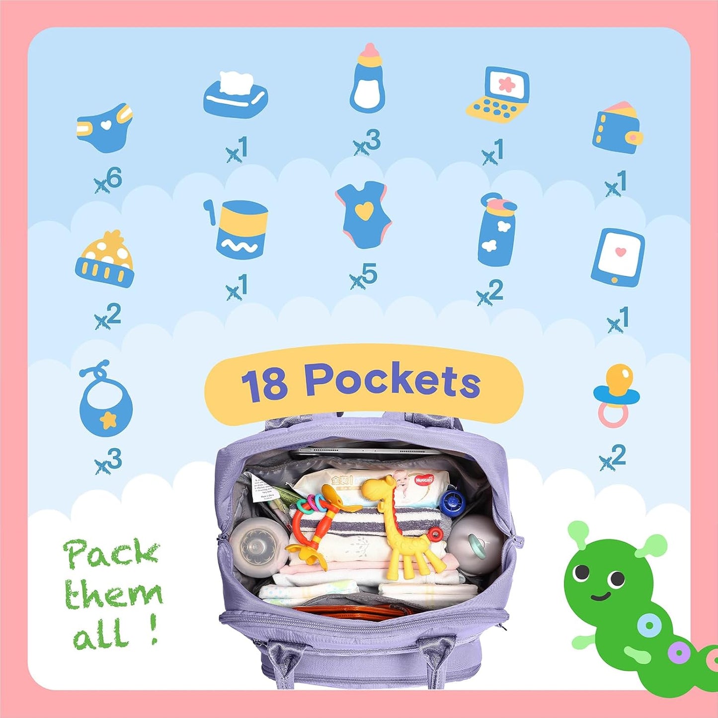 iniuniu Diaper Bag Backpack, 4 in 1 kit Large Unisex Baby Bags for Boys Girls, Waterproof Travel Back Pack with Diaper Pouch