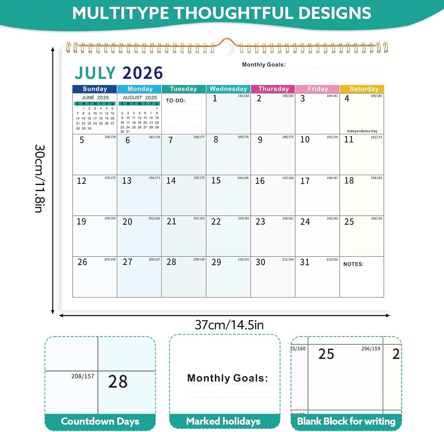 Wall Calendar 2026-2027, 18 Month Large Desk Calendar from January 2026 to June 2027 14.5" x 11.8" Monthly Calendar with Twin-Wire Binding for Home Office Planning Organisers, Colorful Blocks
