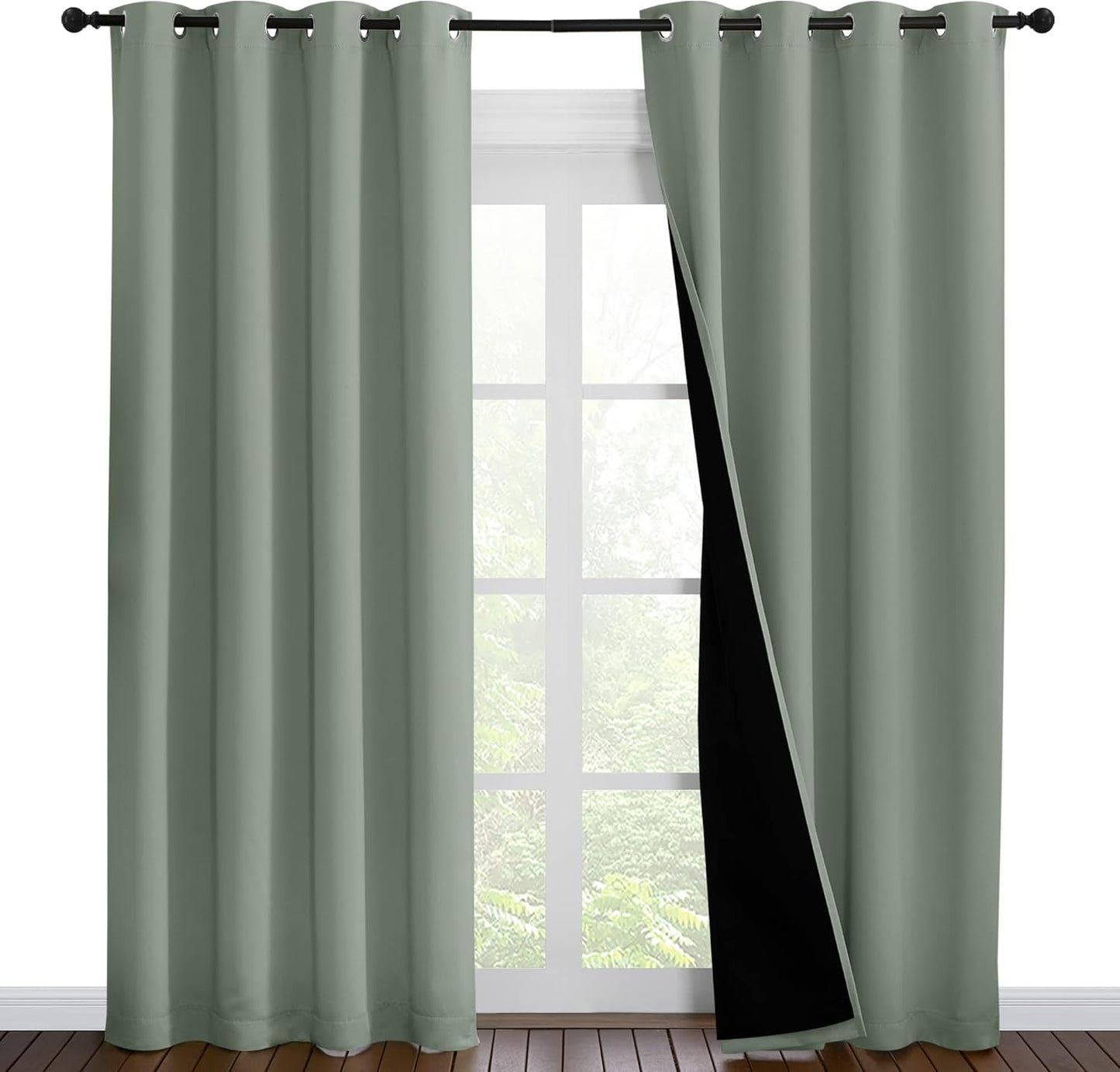 NICETOWN 100% Blackout Window Curtain Panels, Cold and Full Light Blocking Drapes with Black Liner for Nursery, 86 inches Drop Thermal Insulated Draperies (Greyish Green, 2 Pieces, 55" Wide per Panel)