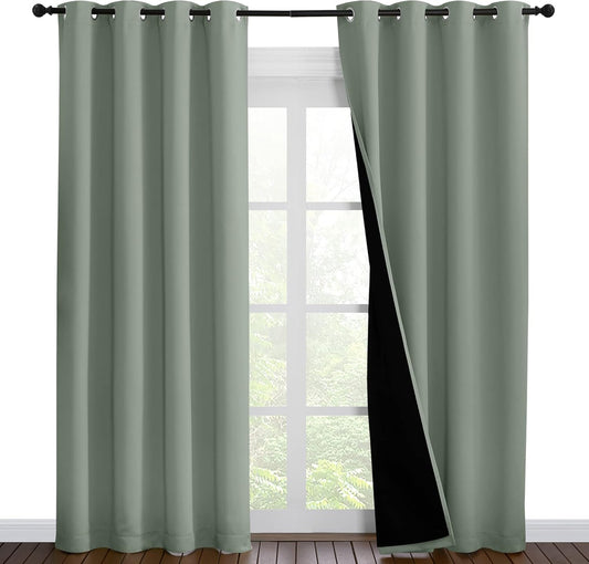 NICETOWN 100% Blackout Window Curtain Panels, Cold and Full Light Blocking Drapes with Black Liner for Nursery, 86 inches Drop Thermal Insulated Draperies (Greyish Green, 2 Pieces, 55" Wide per Panel)