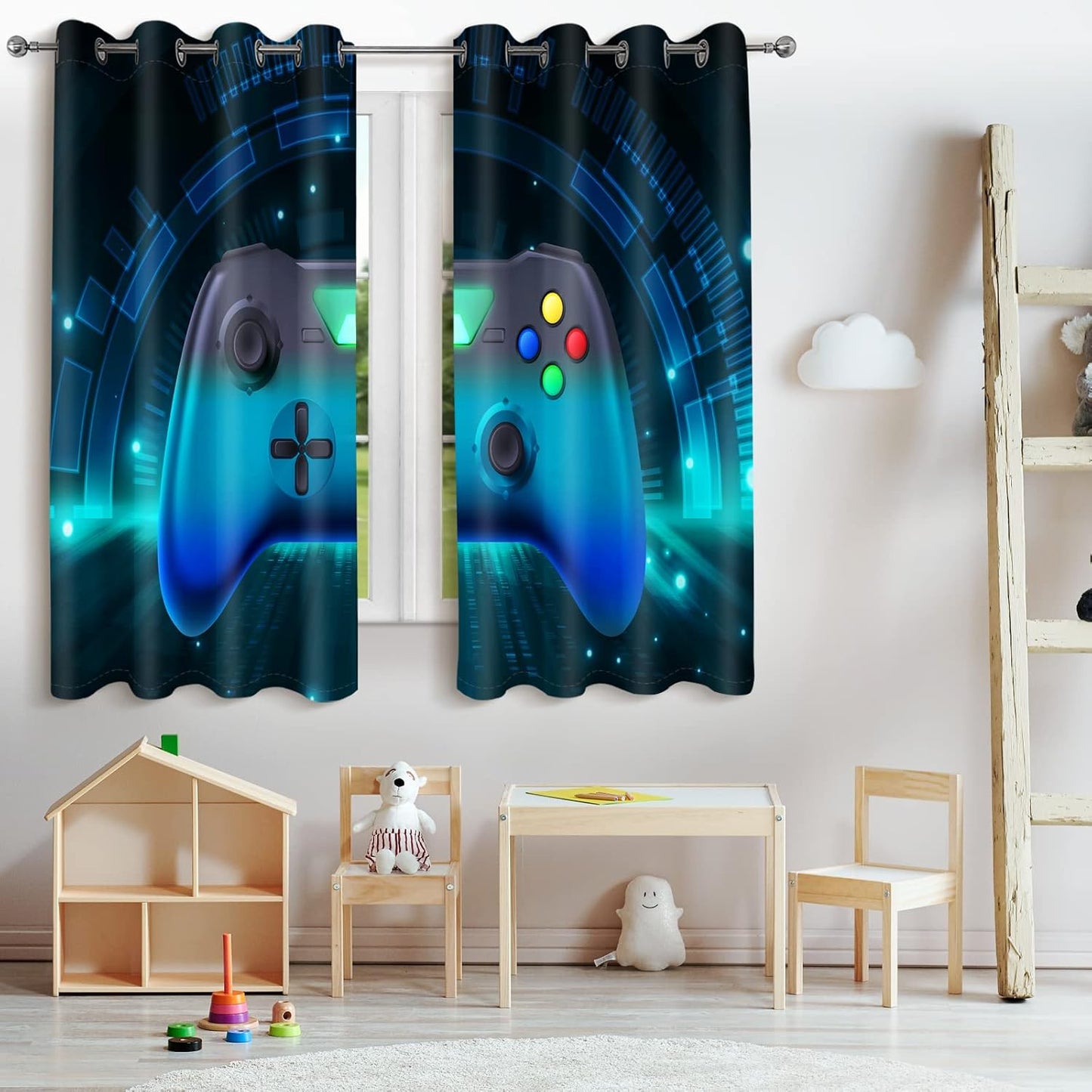 Jekeno Game Controller Blackout Curtains for Kids Boys Teens Bedroom Colorful Video Game Gamer Gaming Gamepad Decor for Home Living Room Grommet Window Drapes 2 Panel Set, 52"x84"
