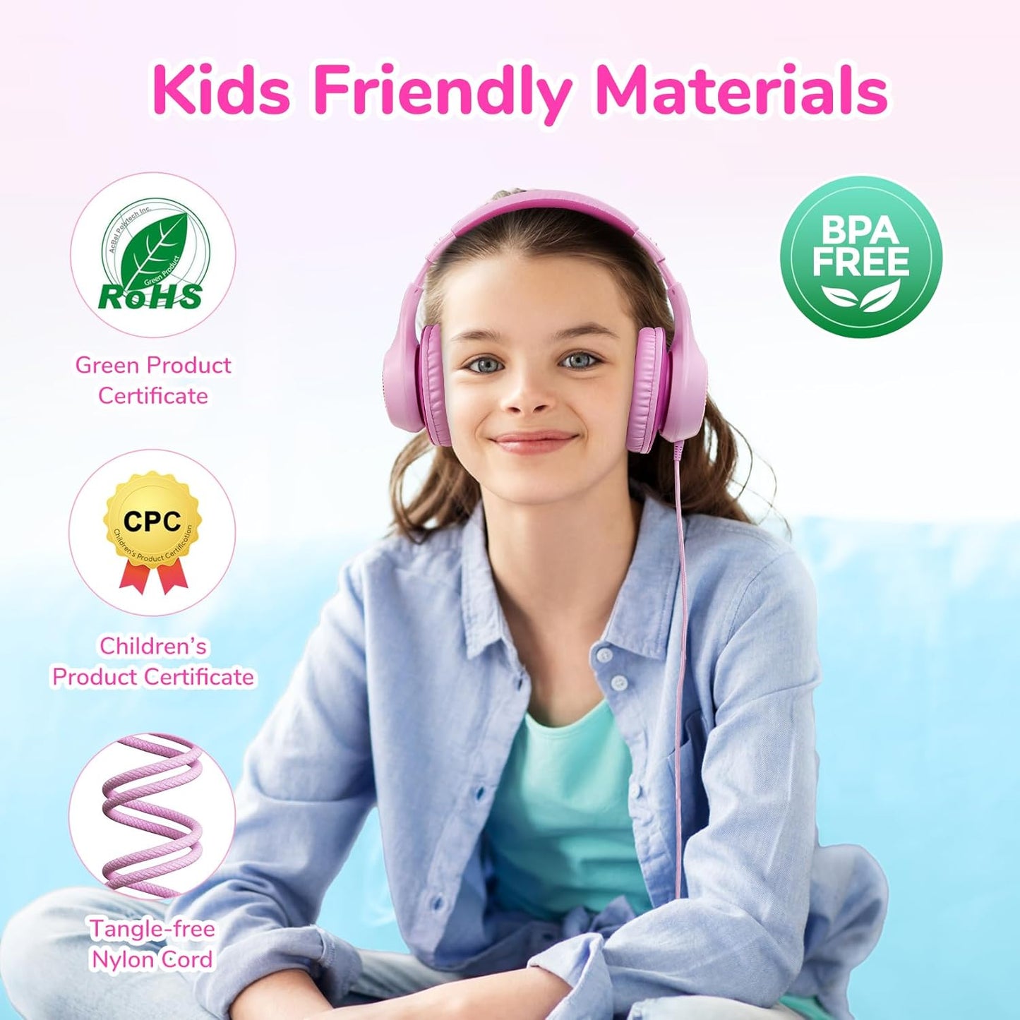 EarFun K3 Kids Headphones, Over Ear Headphones for Kids, Volume Limit, HD Stereo Sound, USB-C Cable, Comfortable Fit, Foldable Wired Headphones for School/Travel/Boys/Girls/Tablet/iPad, Pink
