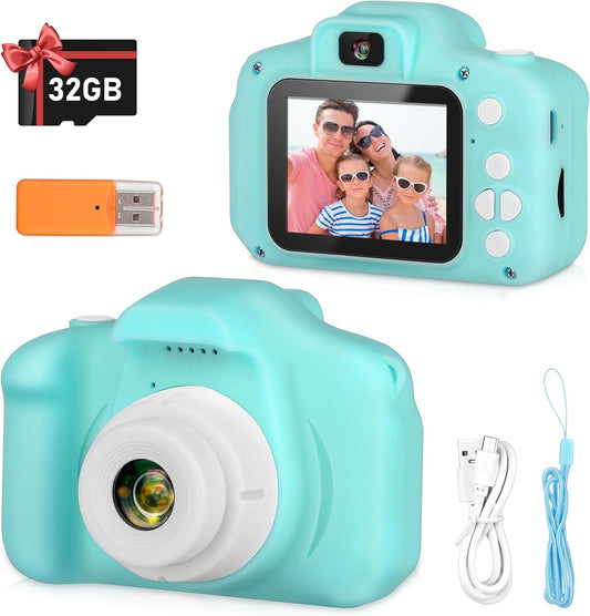Kids Camera, HD Digital Video Camera, Childrens Toys for 3 4 5 6 7 8 9 Year Old Boys/Girls, Selfie Camera for Kids, Christmas Birthday Gifts with 32GB SD Card (Green)