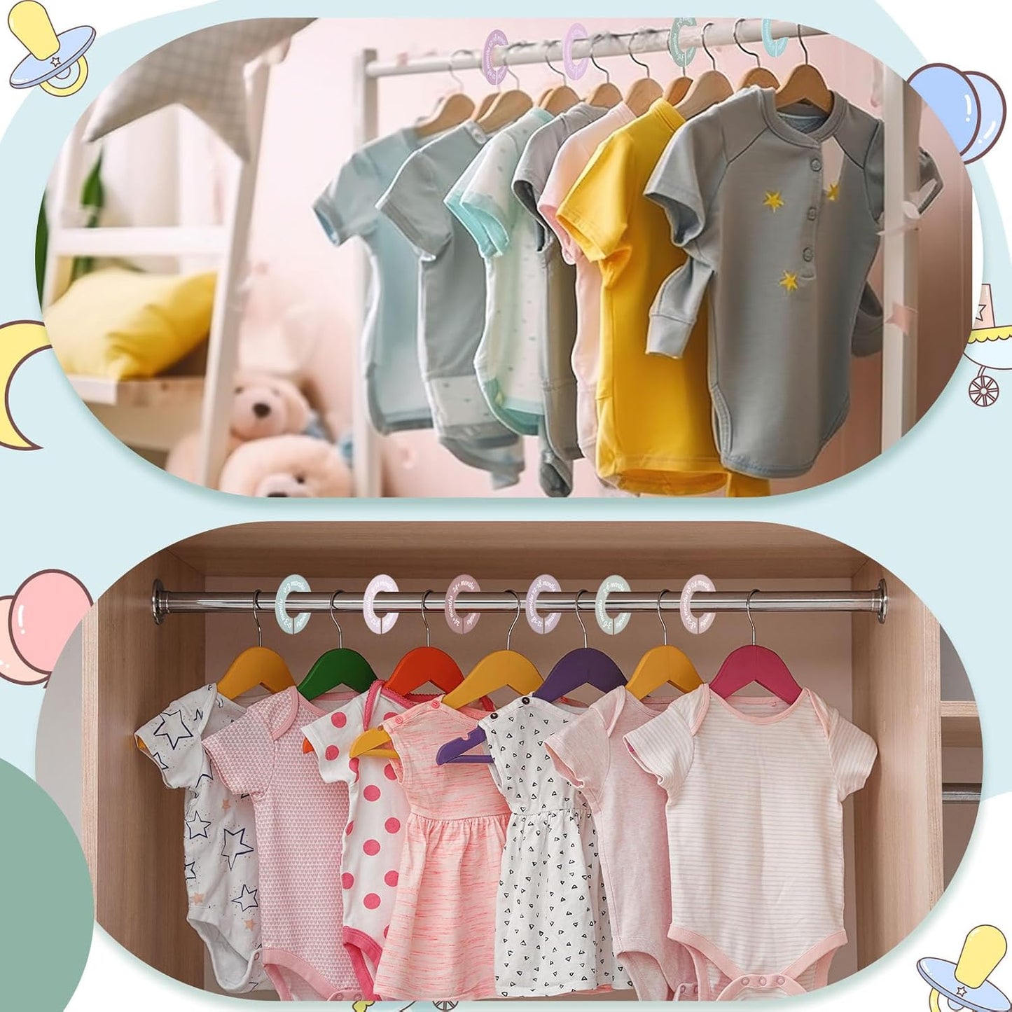 8 Pcs Baby Closet Dividers Unisex Baby Clothes Organizers Clear Labels for Nursery Closet Organizer & Decor Nursery Fits Most Rods (Retro,Bright Color)