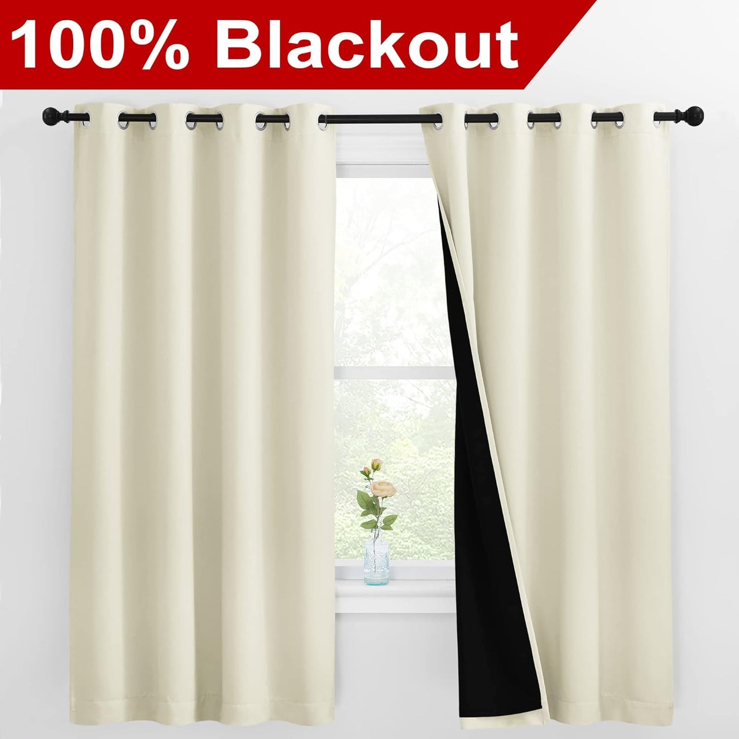 NICETOWN Warm Curtains for Winter, Bedroom Full Blackout Curtain Panels, Super Thick Insulated Window Covers, Complete Blackout Draperies with Black Liner (Beige, Set of 2, 55 by 68-inch)