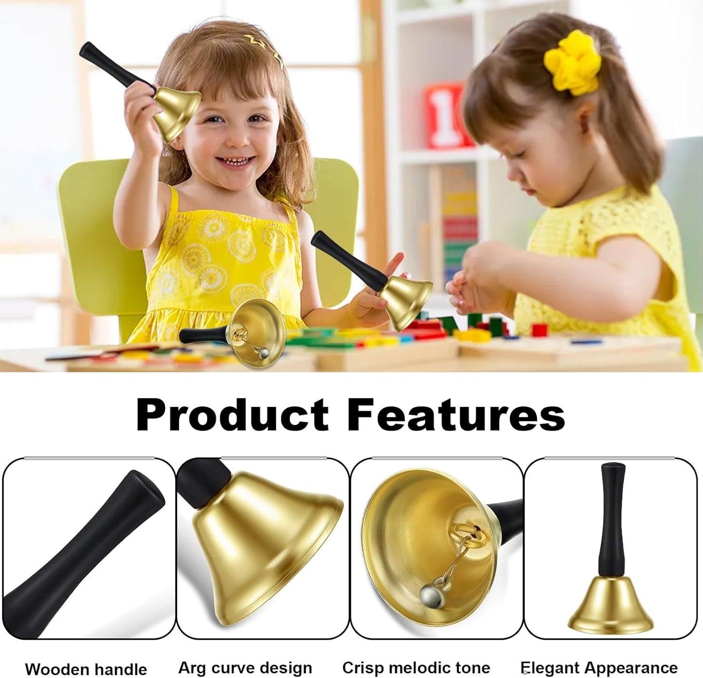 34 Pieces Metal Hand Bells,Kabcifea Gold Call Bell Dinner Service Bell Small Hand Held Bells with Black Wooden Handles for School Church Classroom Wedding Decorative
