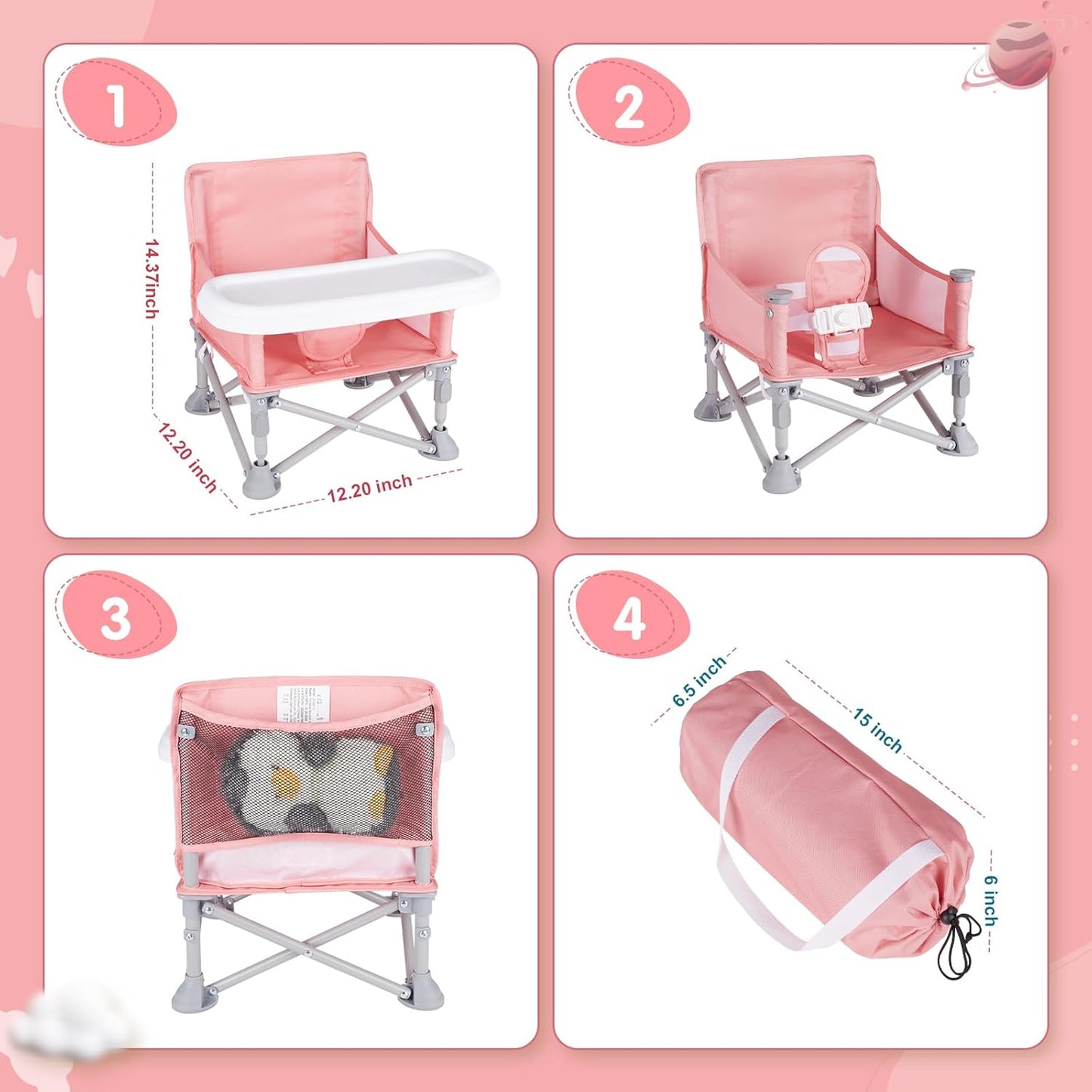 Portable Baby Booster Seat with Tray, Toddler Booster seat for Dining, Camping, Travel, Baby Beach Chair 6 Months to 3 Years Old Indoor Outdoor Use Pink