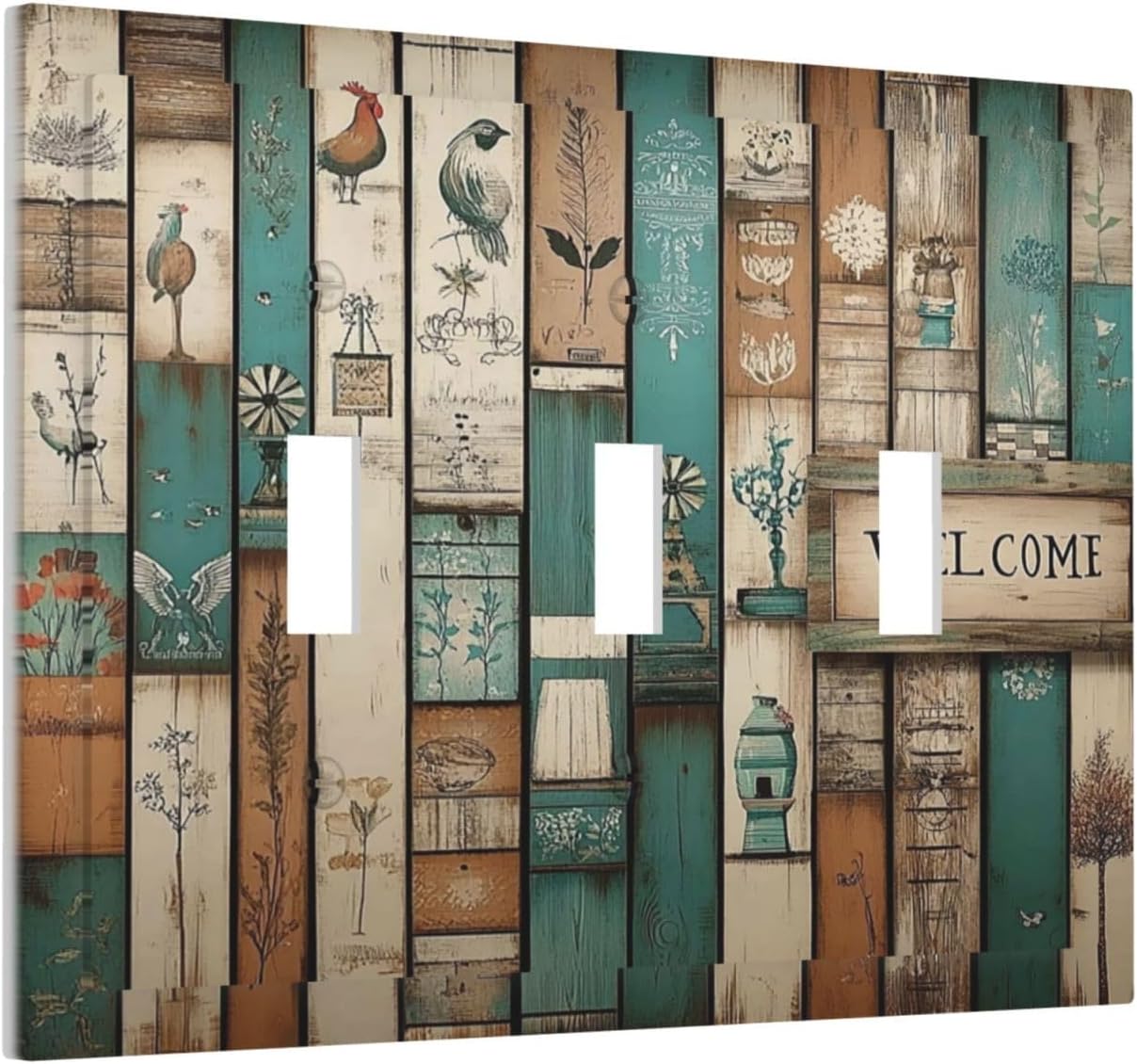 Decorative Switch Plates Vintage Wood Brown Turquoise Splicing 3 Gang Wall Plate Triple Toggle Light Switch Cover Faceplate Electrical Wall Panels For Farmhouse Cabin Decor