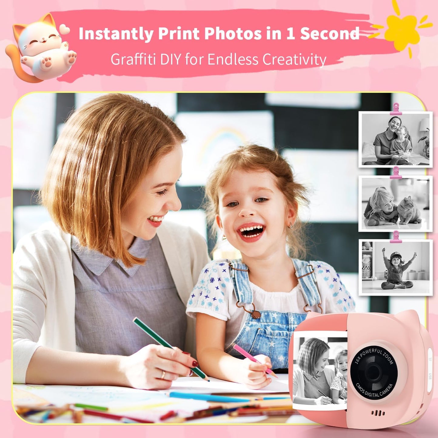 Rongta Kids Camera Instant Print, 1080P Kids Instant Cameras That Print Photos, Christmas Birthday Gifts for Girls Age 3-12, Video Camera Portable Toy for 3 4 5 6 7 8 9 10 Year Old Kids Girls(Pink)