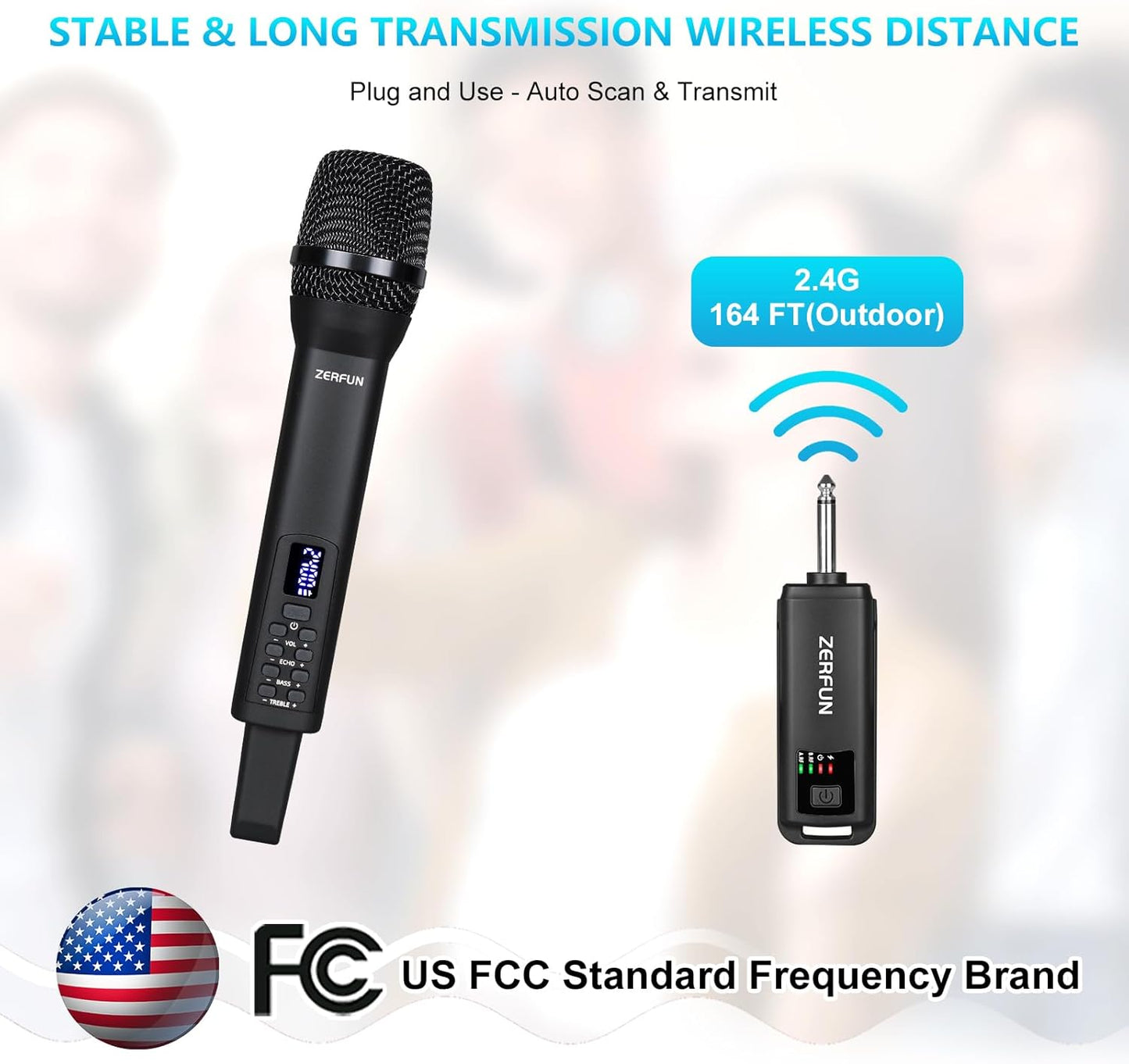 Rechargeable Wireless Microphone, Pro Handheld Cordless Mics System Dynamic with Echo Treble BASS VOL Control for Karaoke Singing Church Party, 1/4'' Output, D240, Black