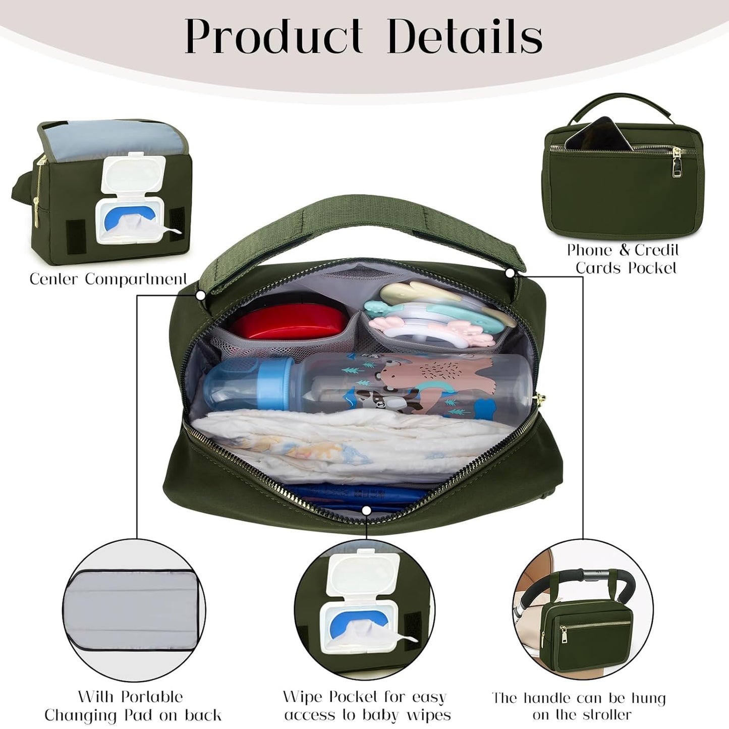 printe Small Diaper Bag with Portable Changing Pad, Crossbody Diaper Pack with Wipes Pocket, Women Waist Bag for Travel Stroller, Olive Green
