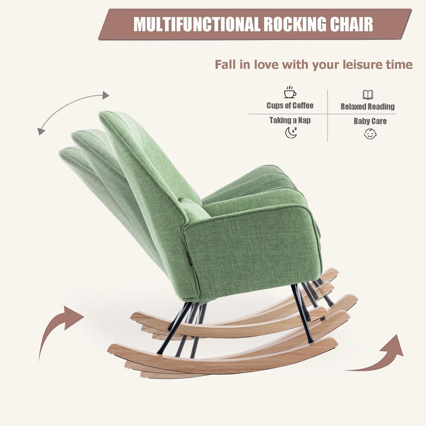 Rocking Chair with Ottoman and Pillow, Glider Rocker Chair, Accent Arm Chair Lounger for Living Room/Bedroom/Nursery, High Back, Solid Hardwood Base, Green