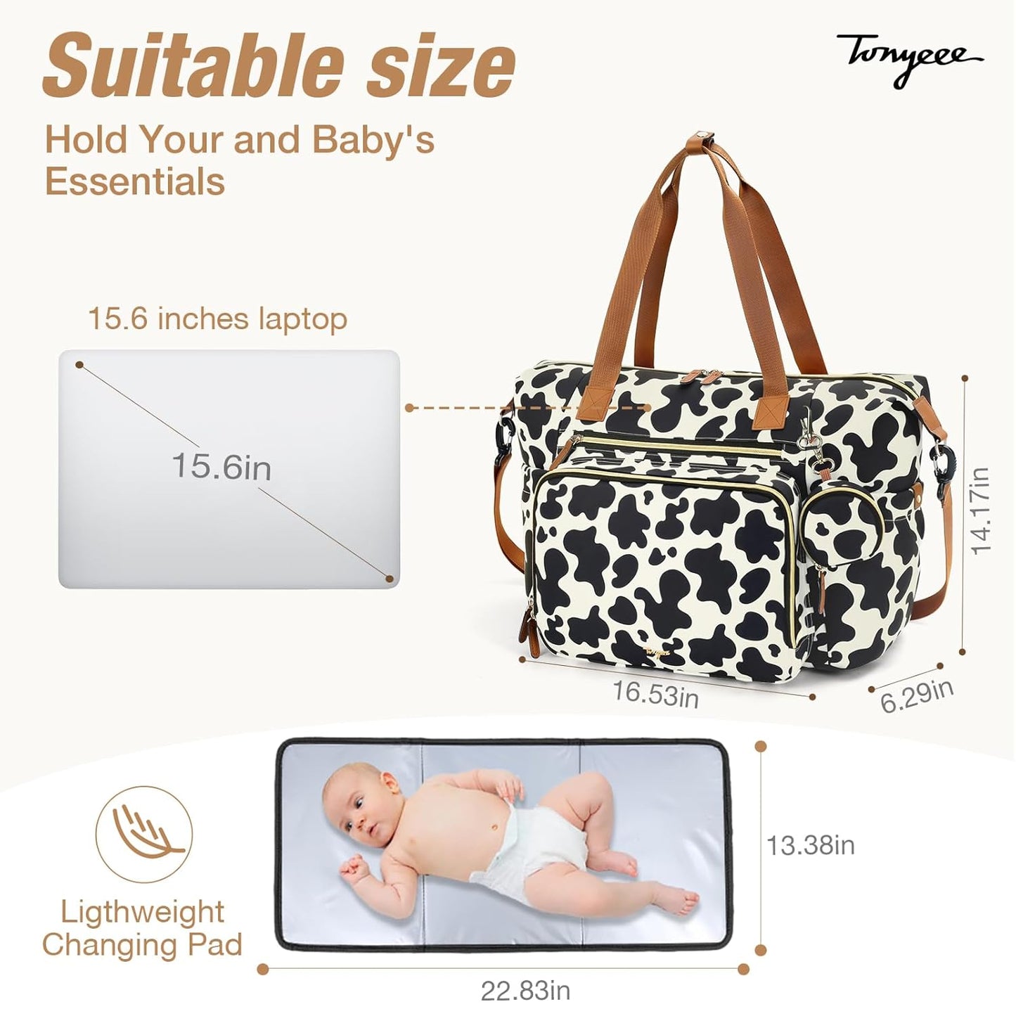 Diaper Bag Tote, Large Baby Diaper Bags for Travel, Hospital Bag for Labor Delivery with Pacifier Case, Changing Pad, Shoulder Strap, Cow Print