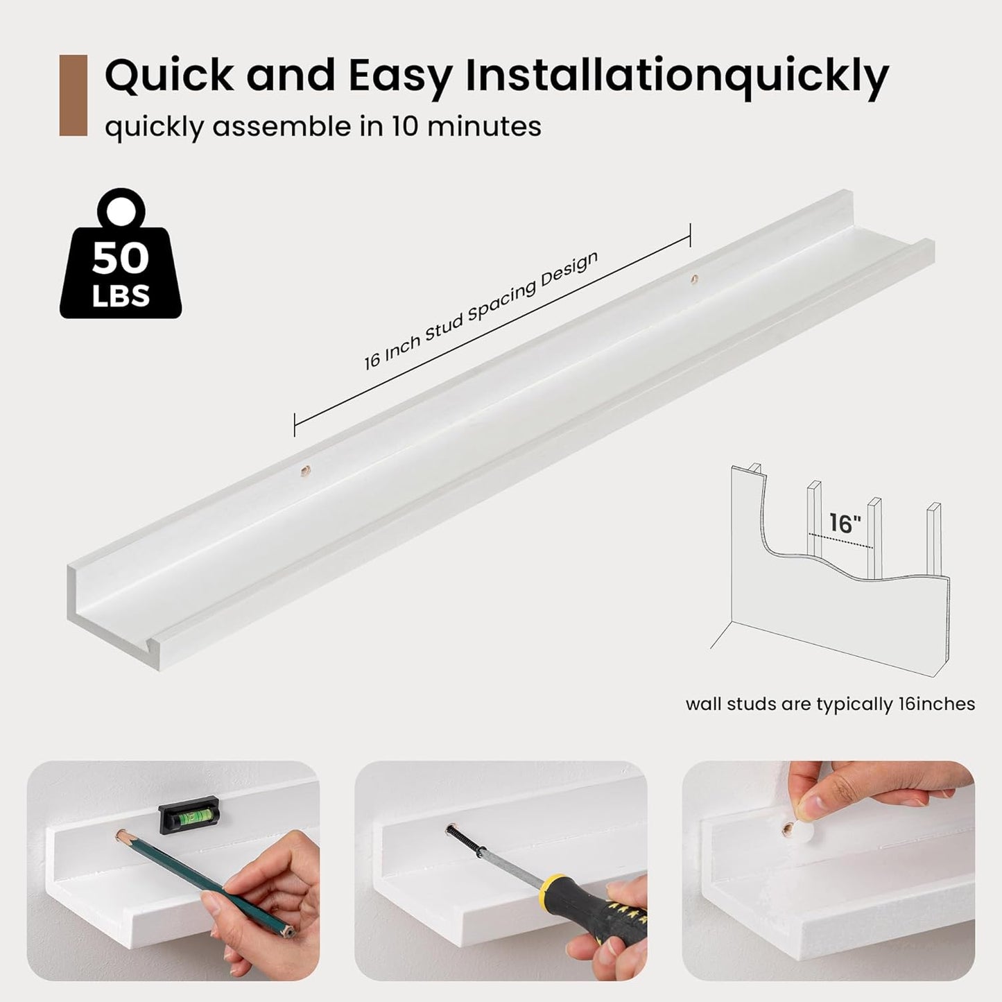 Picture Ledge Shelf, Solid Pine Wood Floating Shelves Set of 2, 32 Inches Nursery Book Shelves for Toys Storage, Kids Bookshelf Wall Mounted for Living Room Bedroom Decor Books Photo Frames, White