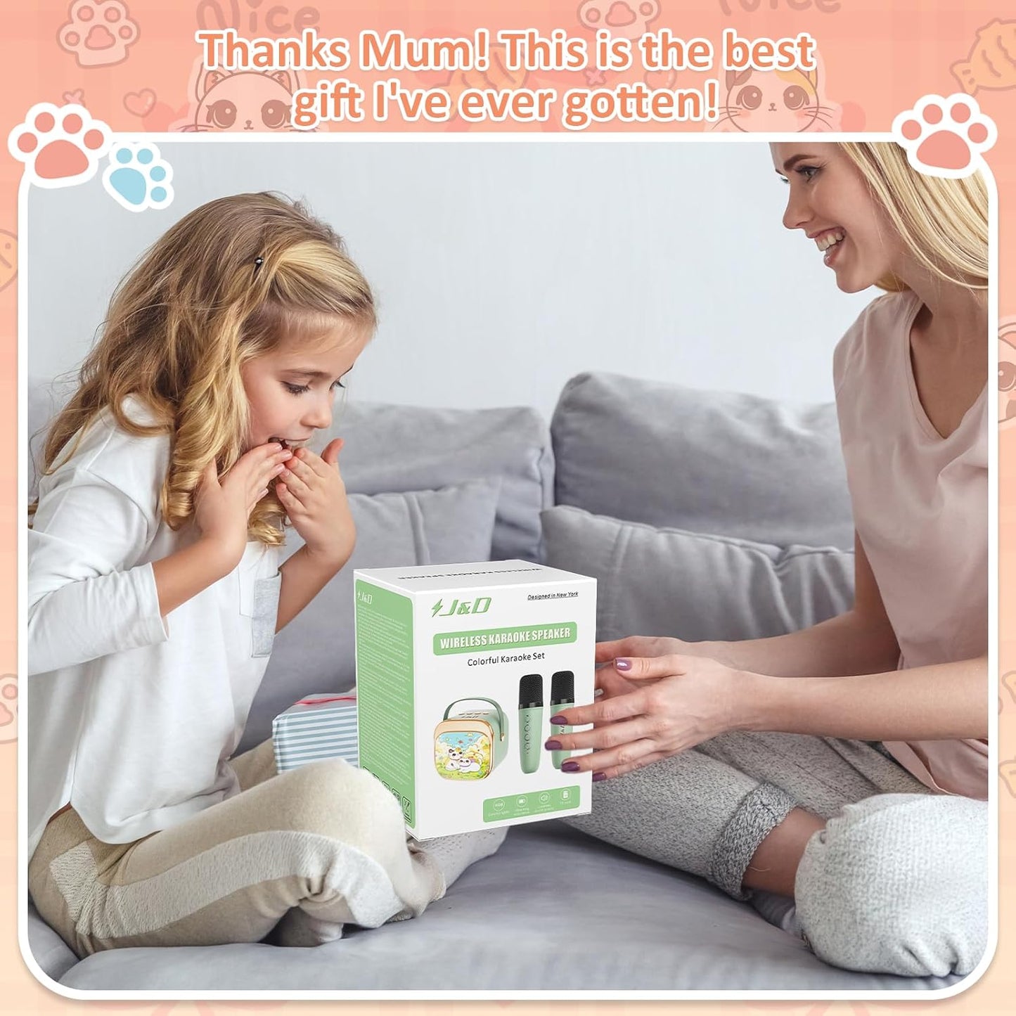 J&D Mini Kids Karaoke Microphone Machine Princess Toys, Colorful LED Portable Bluetooth Speaker with 2 Wireless Mics for Girls Age 3–10 Birthday Party Gifts, Green