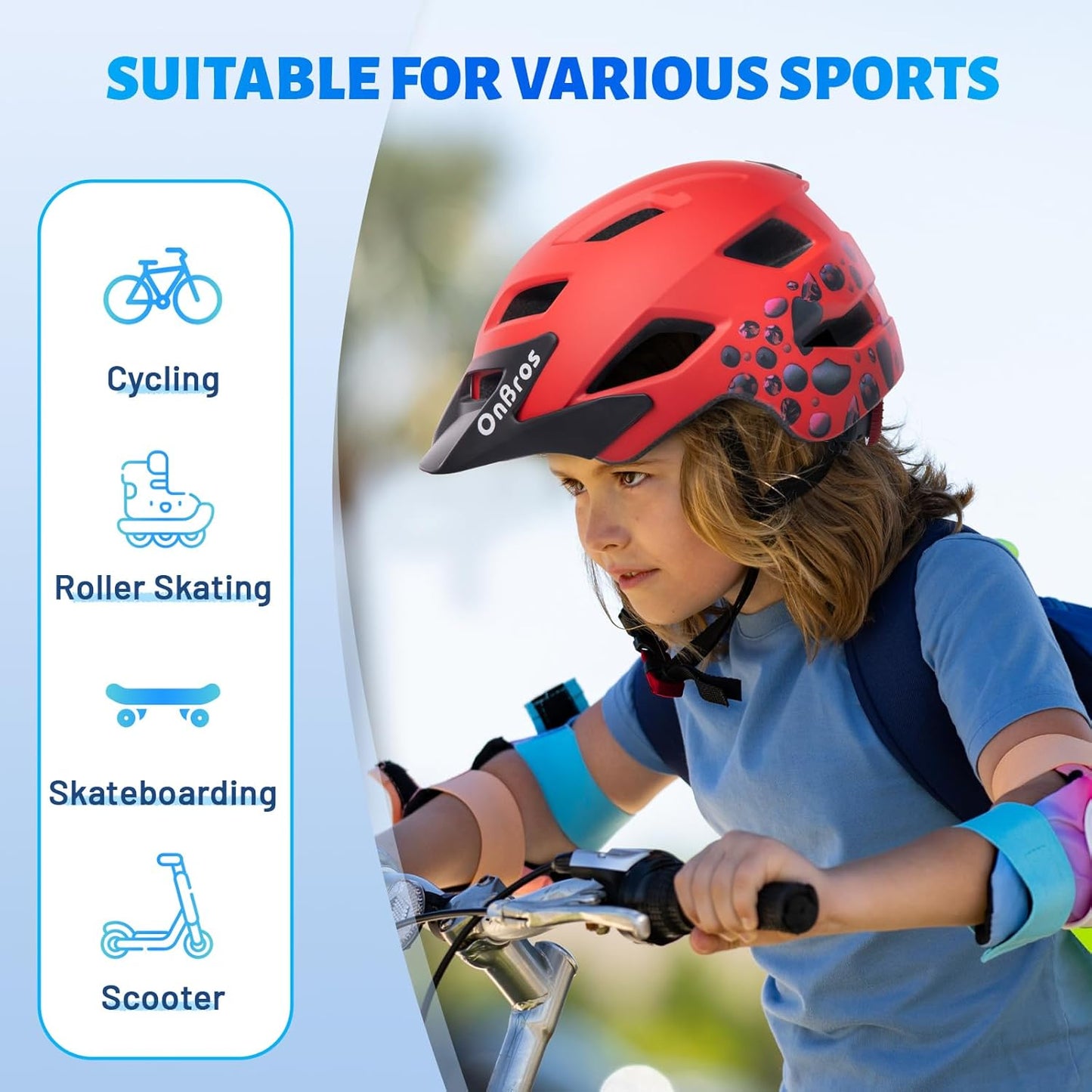 OnBros Kids Bike Helmet - Bike Helmets for 5-14 Boys or Girls with Visor, Children Bicycle Helmet for Skateboard Mountain Scooter Road Cycling, Lightweight and Adjustable 50-57CM