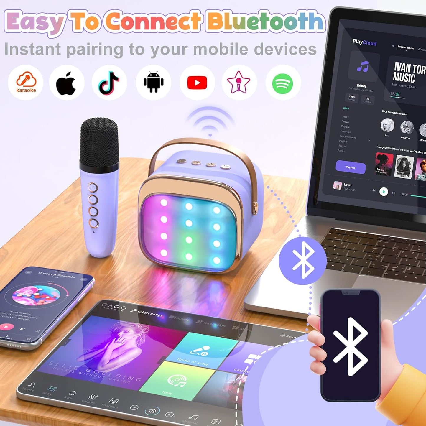 FLUESTON Mini Karaoke Machine for Kids Adults, Portable Bluetooth Speaker with 2 Wireless Microphones, Birthday Kids Gifts Toys for Girls Ages 3, 4, 5, 6, 7, 8, 9,10,11,12+ Years Old