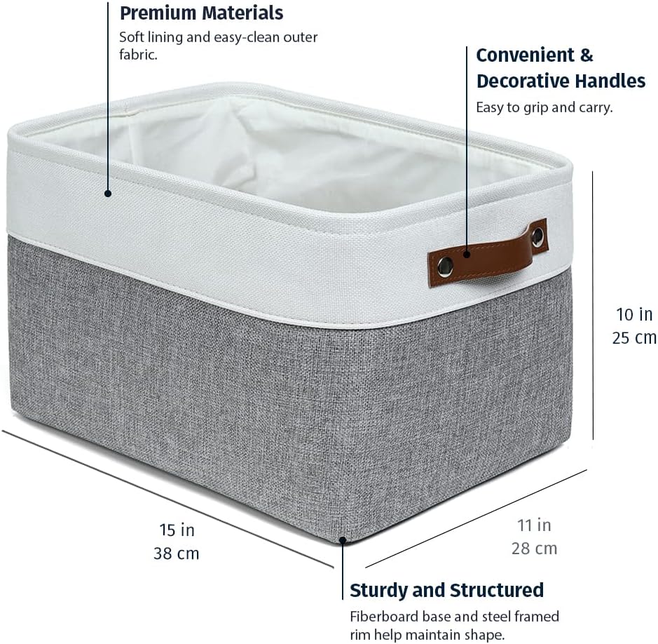 OrganiHaus Large Fabric Storage Baskets for Shelves 3 Pack, 15x11in Closet Storage Bins for Shelves, Cloth Baskets for Organizing, Linen Closet Organizers, Fabric Basket, Gray/White