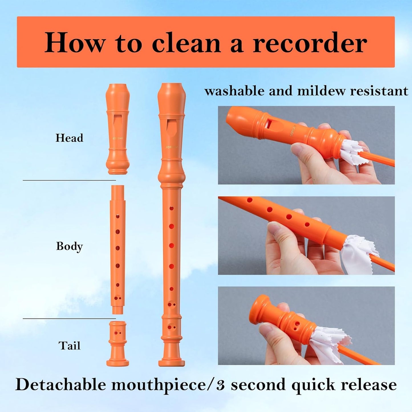 SDREAM Soprano Recorder Instrument for Kids and Adults - Beginner 8 Hole German Fingering Recorder Flute With Cleaning Rod, Packing Bag and Sheet Music (Orange)