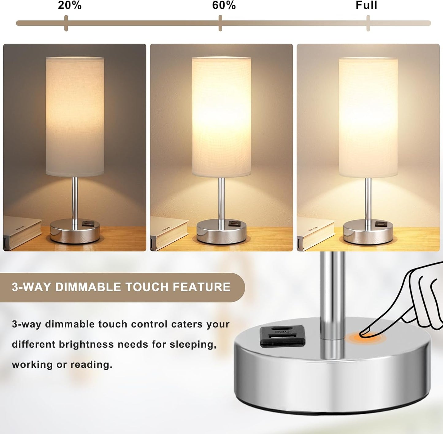Bedside Table Lamps for Bedroom Set of 2 - Touch Lamp for Nightstand with USB-A+C Charging Ports - 3 Way Dimmable Small Desk Lamp White for Office, Dorm Room, Living Room, Reading, Nursery
