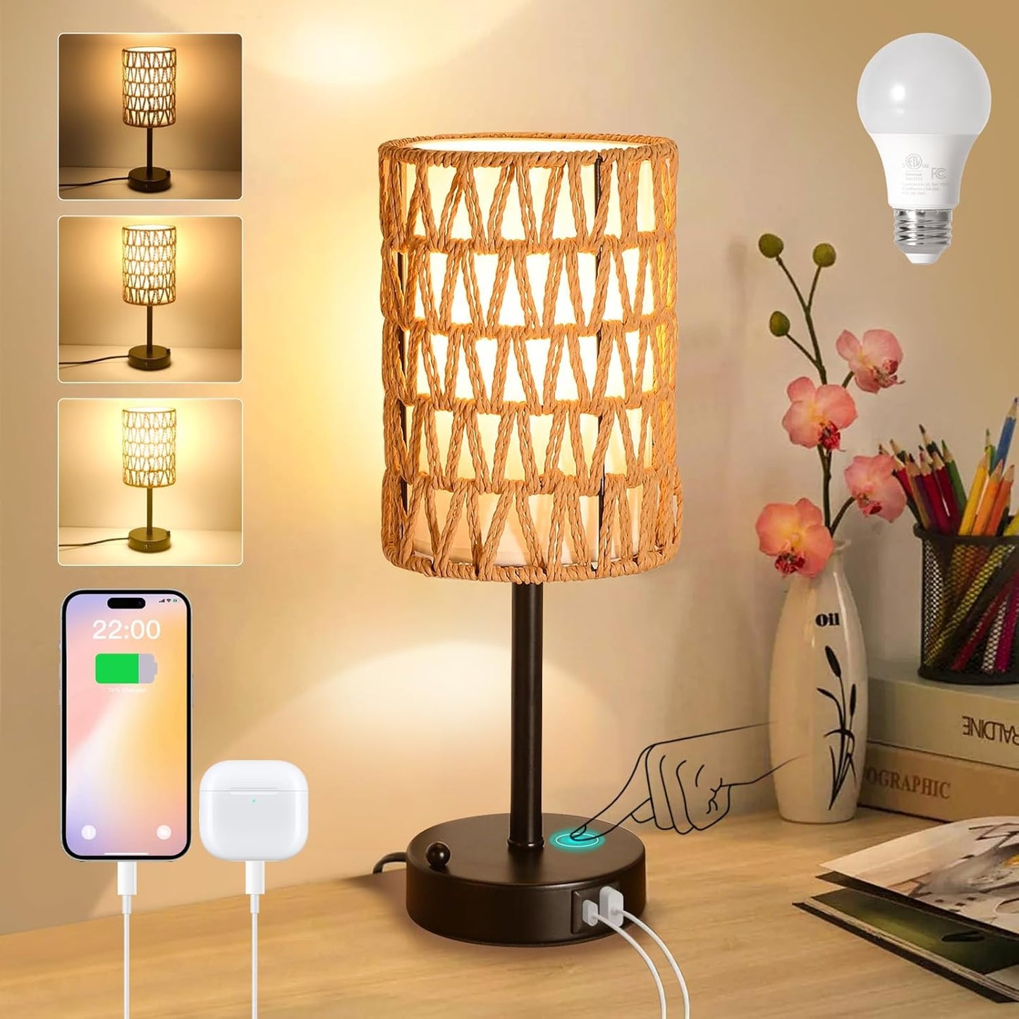 Rattan Table Lamps for Living Room, 3 Way Dimmable Touch Lamps, Small Bedside Lamps with LED Bulbs, Phone Stand, USB Ports and AC Outlet, Boho Nightstand Lamp for Kids Room, Bedroom, Office (1 Pack)