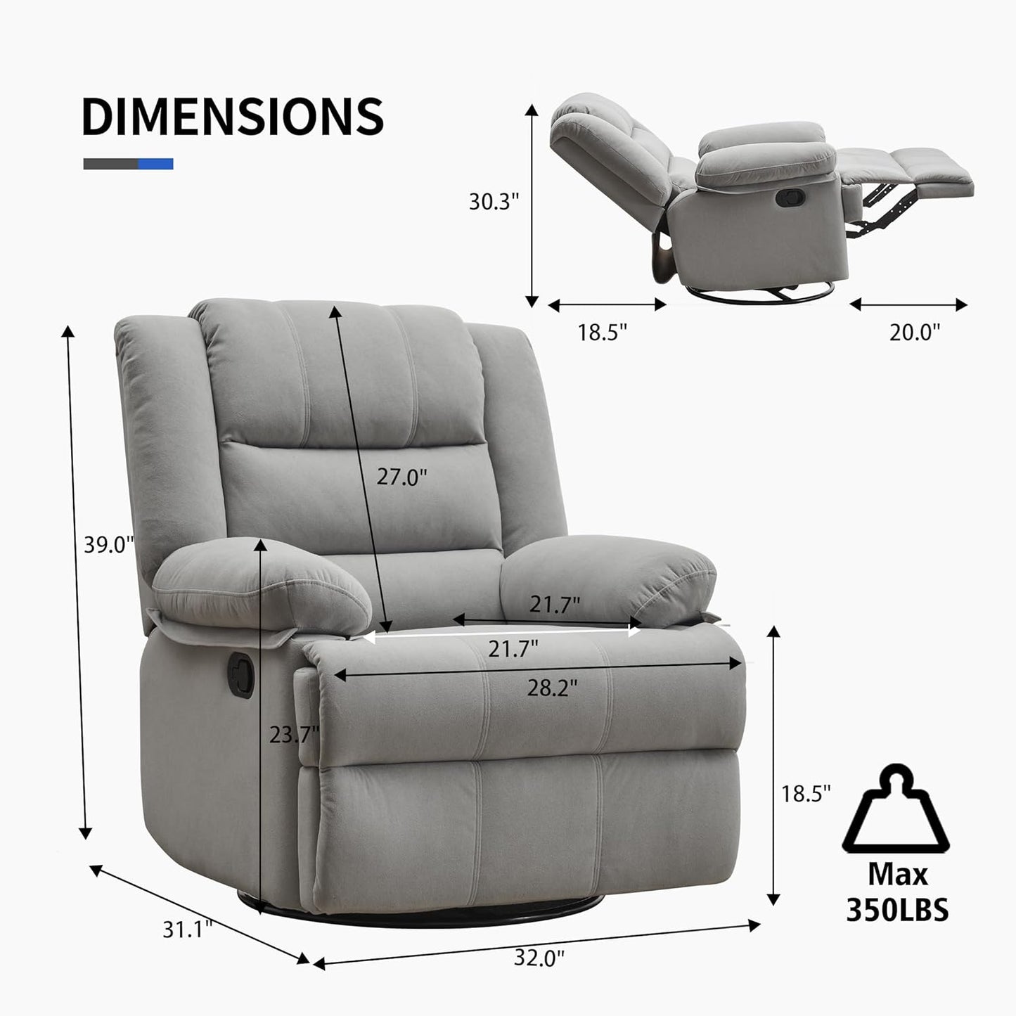 Swivel Rocking Recliner Chair for Adults, Overstuffed Manual Glider Rocker Recliner Chairs, Upholstered Reclining Single Sofa for Living Room Nursery (Light Grey)