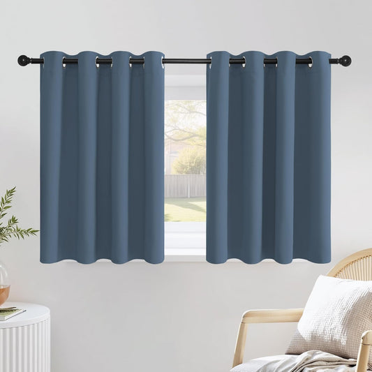 NICETOWN Smoky Blue Short Curtains 36 inches Long, Grommet Kitchen Window Curtains Thermal Short Drapes Room Darkening for Cafe, 2 Panels, W52 x L36