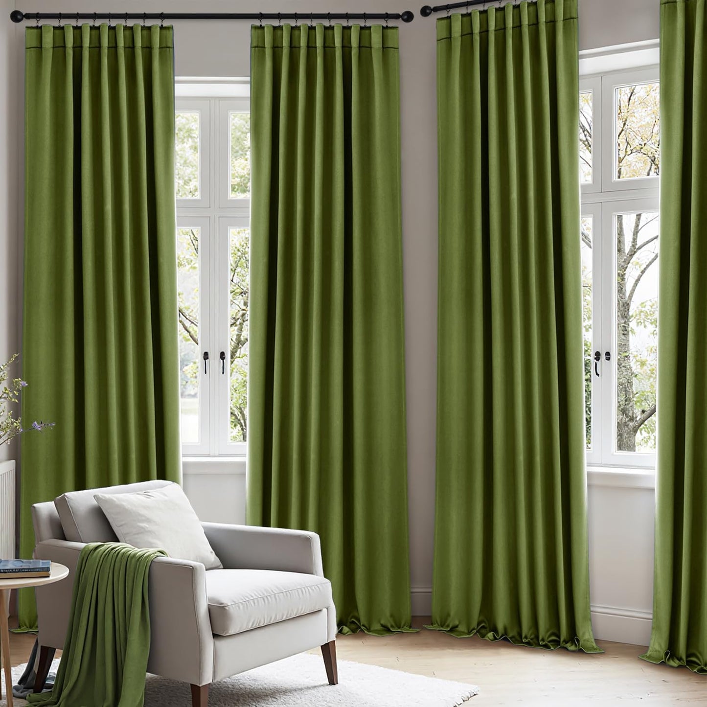 ANRODUO Back Tab Blackout Curtains for Bedroom Living Room, Rod Pocket Pinch Pleated Thermal Insulated Room Darkening Curtains 63 Inches Long 2 Panels, Olive Green, 42 x 63 Inch