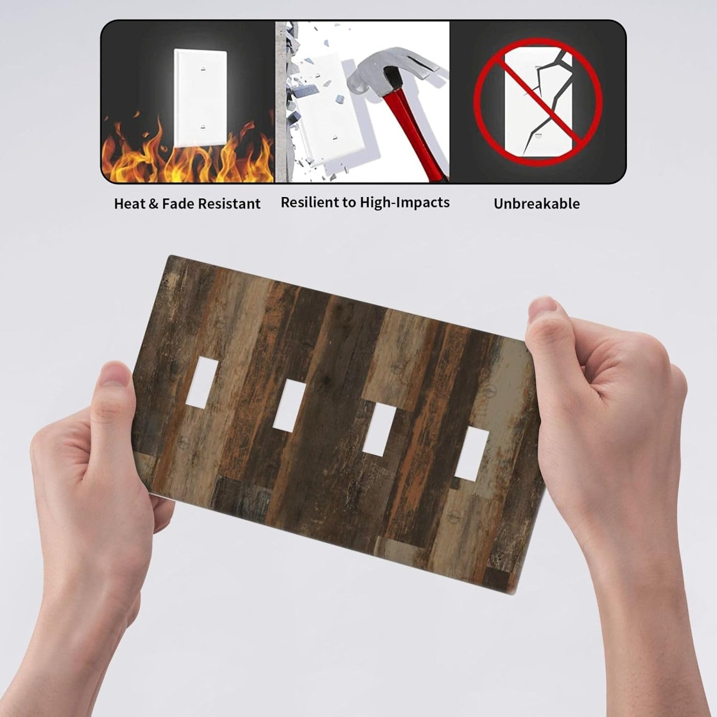 Rustic Brown Wood Grain Dark Oak Light Switch Covers Quad Toggle Electrical Faceplate 4 Gang Wall Plate Decorative Switch Plates for Farmhouse Home Decor