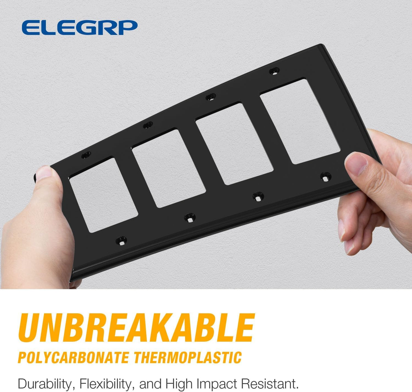 ELEGRP 4-Gang Decorative Wall Plates, Mid-Size 4.88" H x 8.57" L Unbreakable Thermoplastic Faceplate Cover for Decorator Receptacle Outlet Switch, UL Listed (1 Pack, Glossy Black)