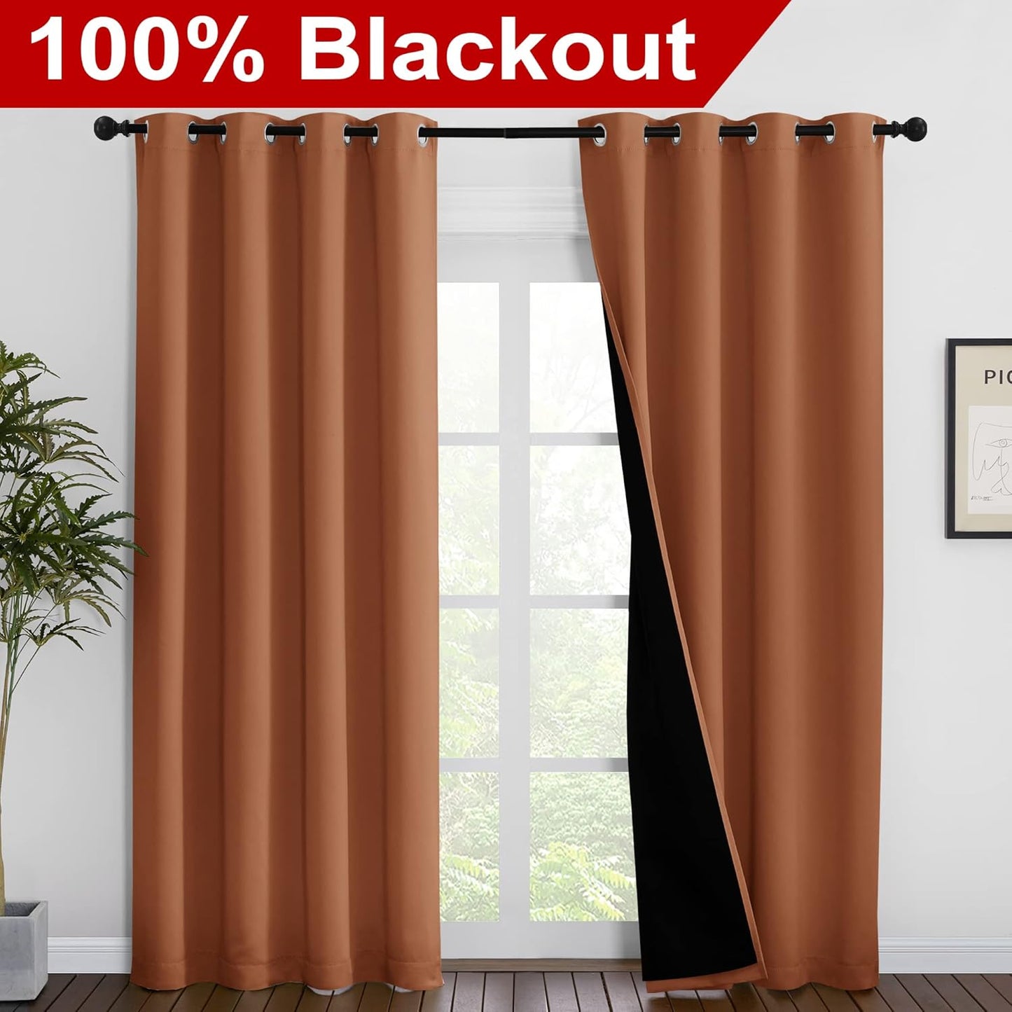 NICETOWN Burnt Orange 100% Blackout Window Curtain Panels, Heat and Cold Blocking Drapes with Black Liner for Nursery, 86 inches Thermal Insulated Draperies (2 Pieces, 55 inches Wide Each Panel)