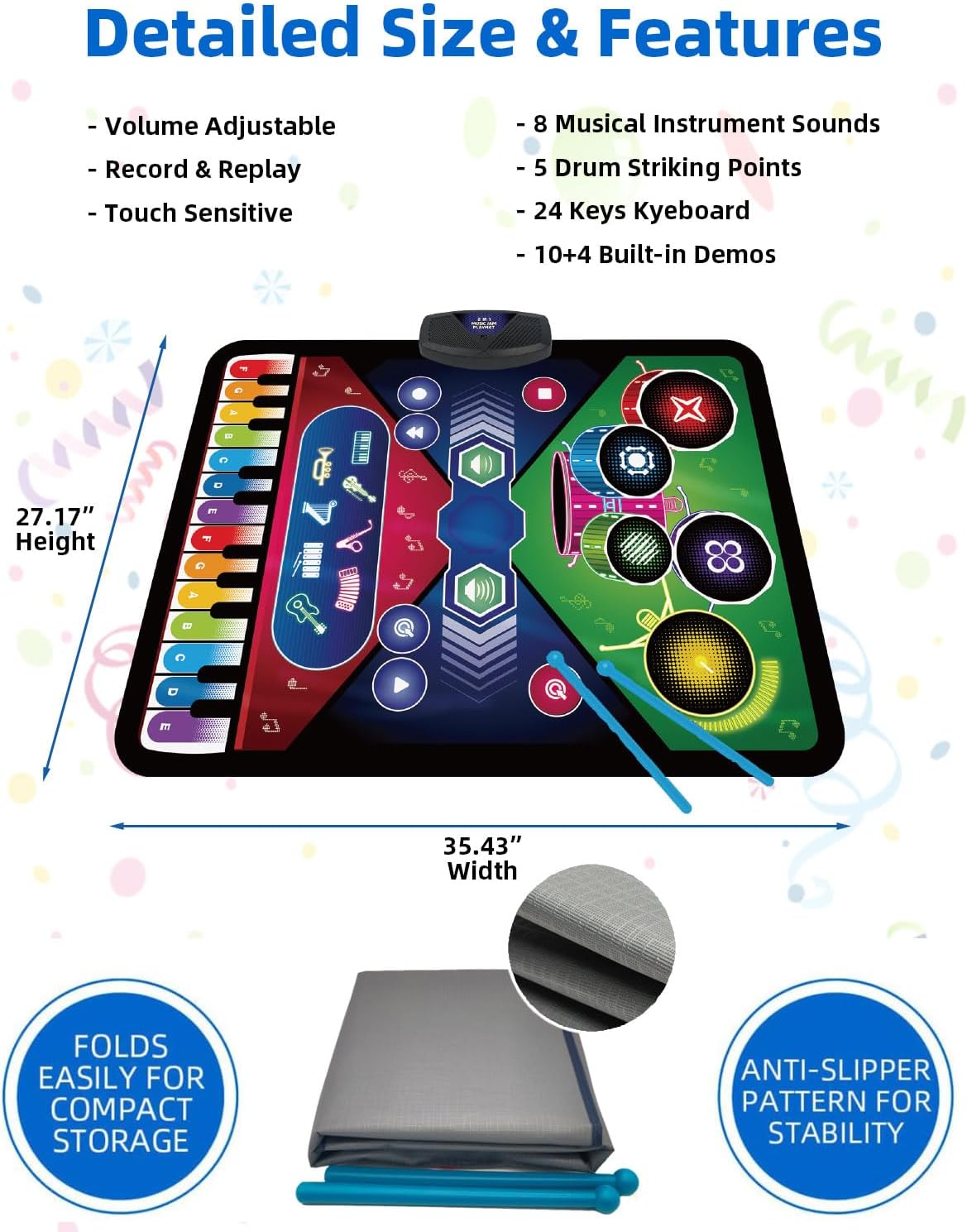SUNLIN 2-in-1 Music Jam Mat, Music Learning Toy for Boys Girls 3-6, Drum Set + Piano Mat, Toddler Birthday Gift 3 4 5 6 Years, Record & Playback, Built-in Songs, 8 Instrument Sounds, Volume Control