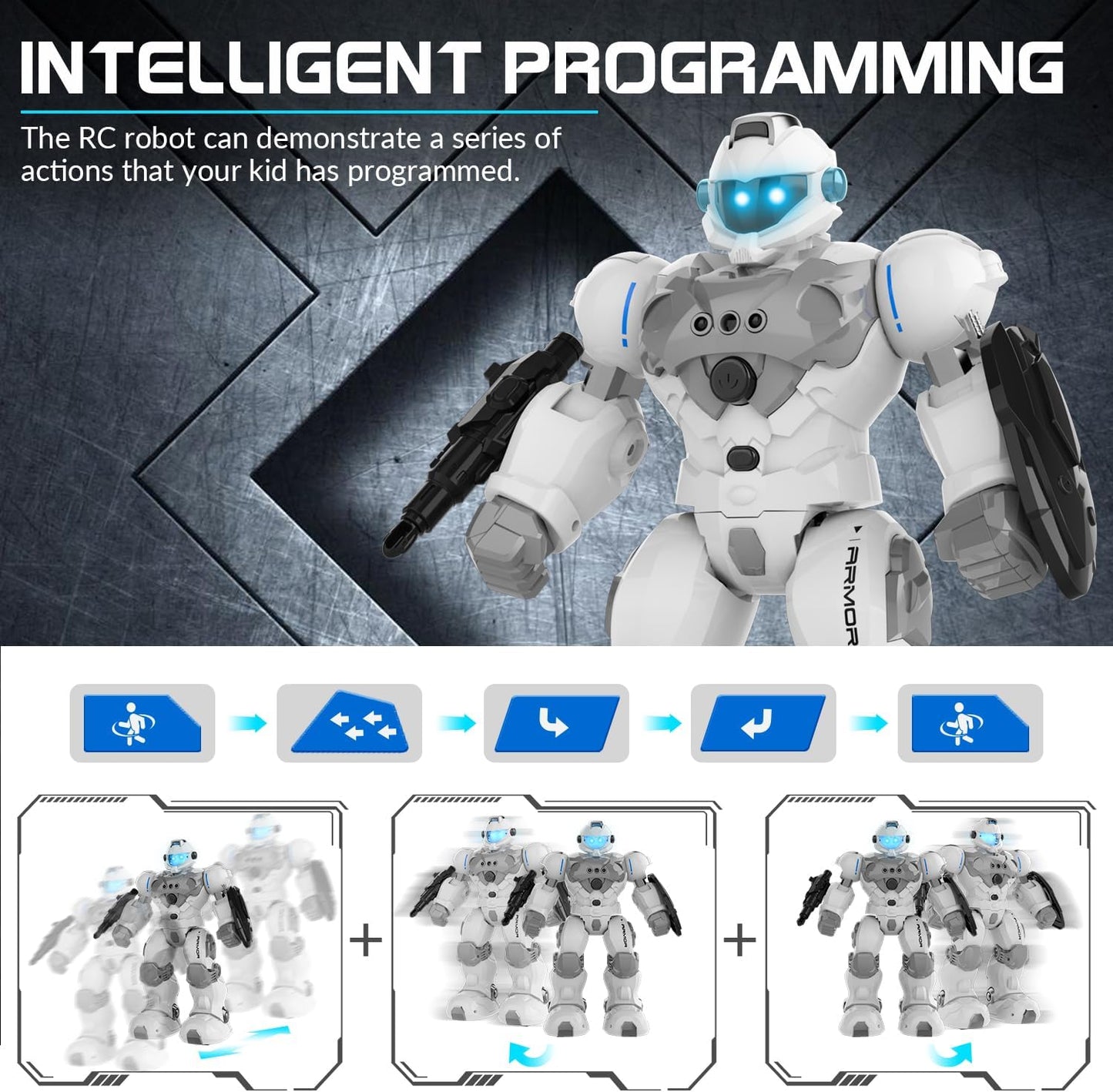 STEMTRON Robot Toys for Kids, Programmable Remote Control Robot with Intelligent Gesture Sensing, Recharge, Singing & Dancing Mode, Launcher (White)