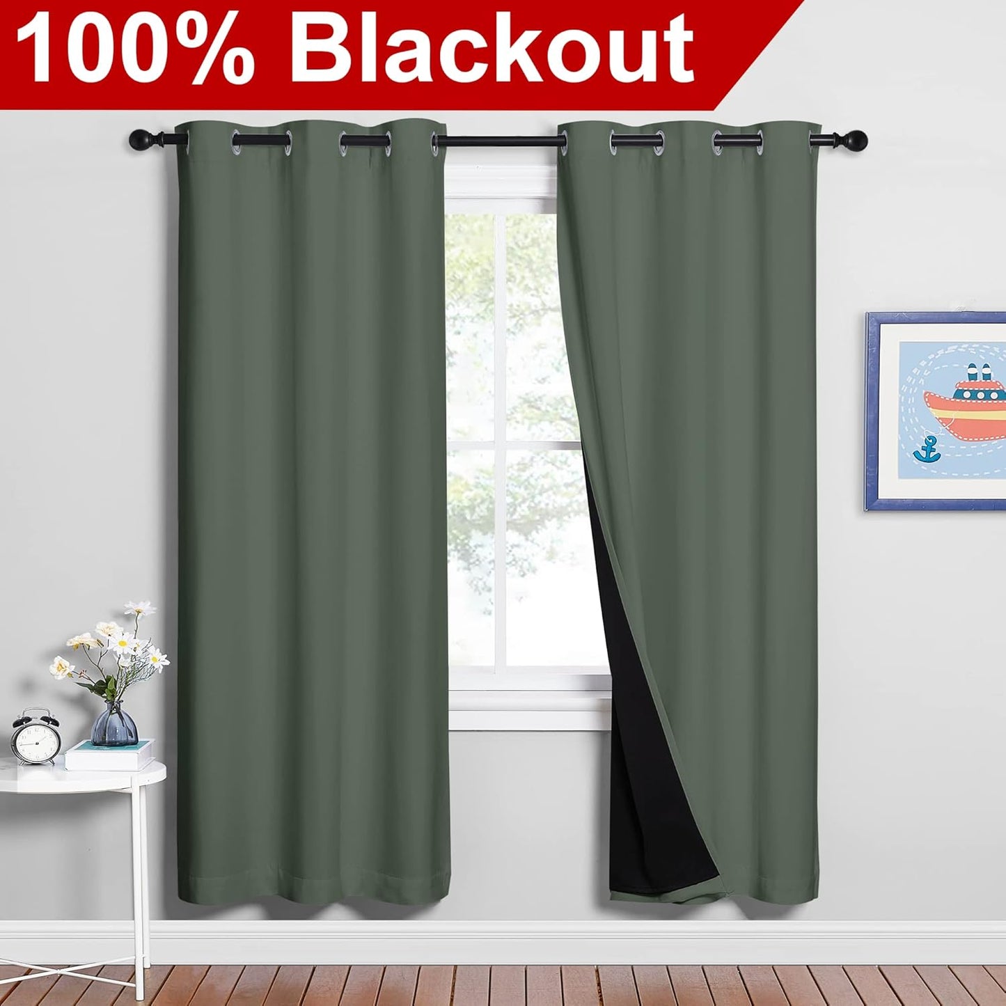 NICETOWN 100% Blackout Window Curtain Panels, Full Light Blocking Drapes with Black Liner for Nursery, 72-inch Drop Thermal Insulated Draperies (Dark Mallard, 2 Pieces, 42-inch Wide Per Panel)