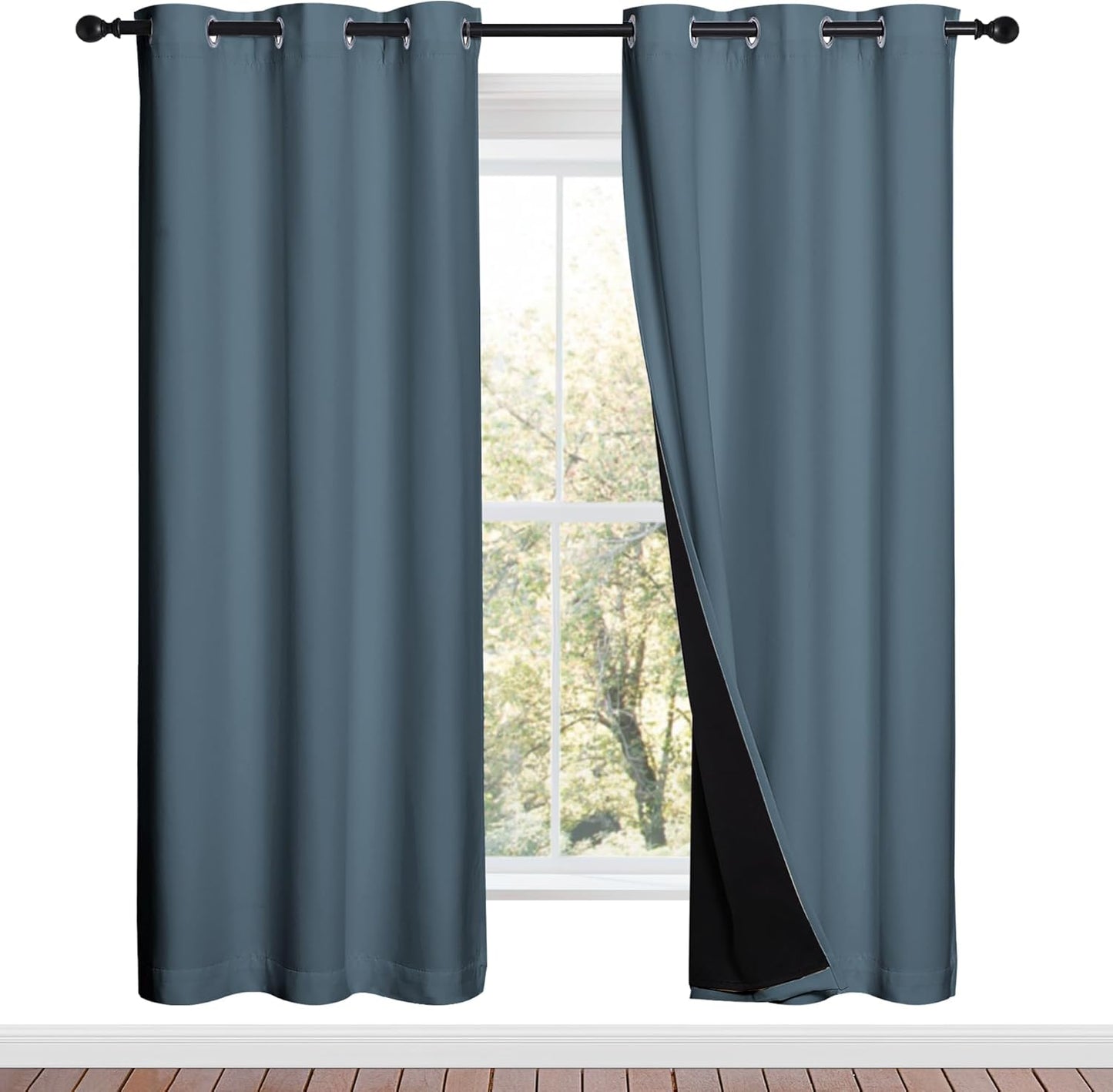NICETOWN Smoky Blue Full Shade Curtain Panels, 37" Wide x 70" Long, Smoky Blue, Pair of Thermal Insulated & Energy Efficiency Blackout Drapes for Living Room, Lined Silky Performance Window Dressing