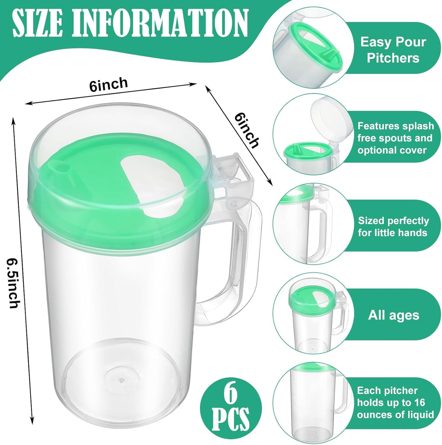 Newtay 6 Pack Early Learning Kids Easy Pouring Mini Pitchers Clear Plastic Pitcher with Lid and Handle Easy Pour Bottles 16 Oz. Jugs with Lids for Classroom Nursery Home (Light Green)