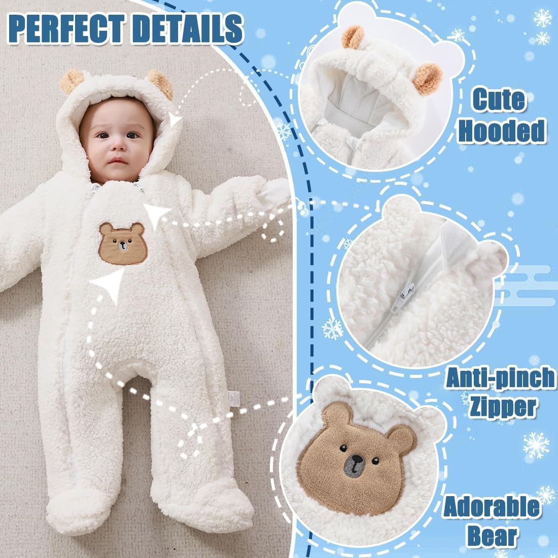 Fairy Baby Newborn Baby Winter Snowsuit Bear Thick Romper Footie Double Zip Hooded Jumpsuit Fleece Coat Infant Boy Girl 0-12M