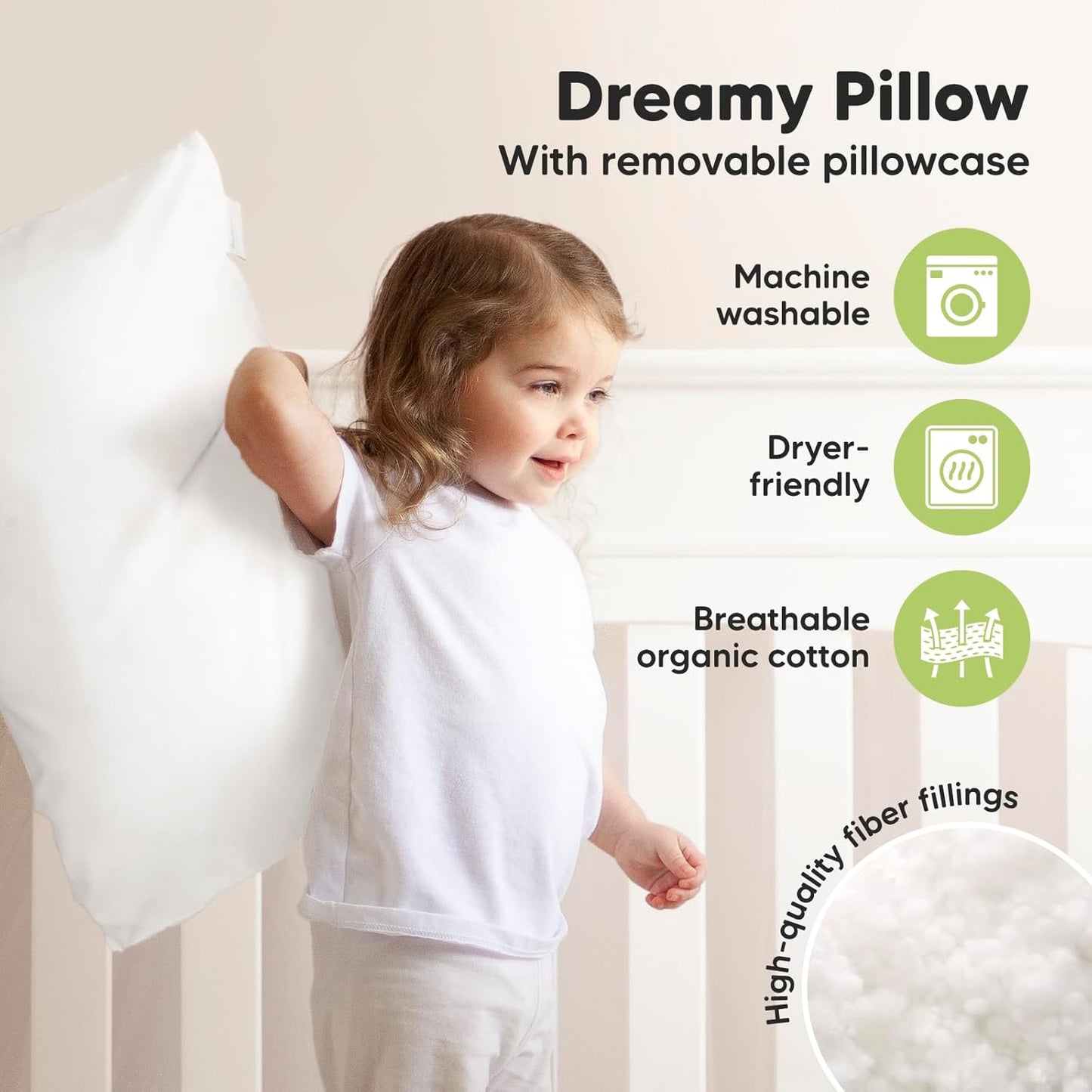 KeaBabies Toddler Pillow with Pillowcase, Jumbo 14X20 - Soft Organic Cotton Toddler Pillows for Sleeping - Machine Washable - Perfect for Travel, Toddler Bed Set (Soft White)