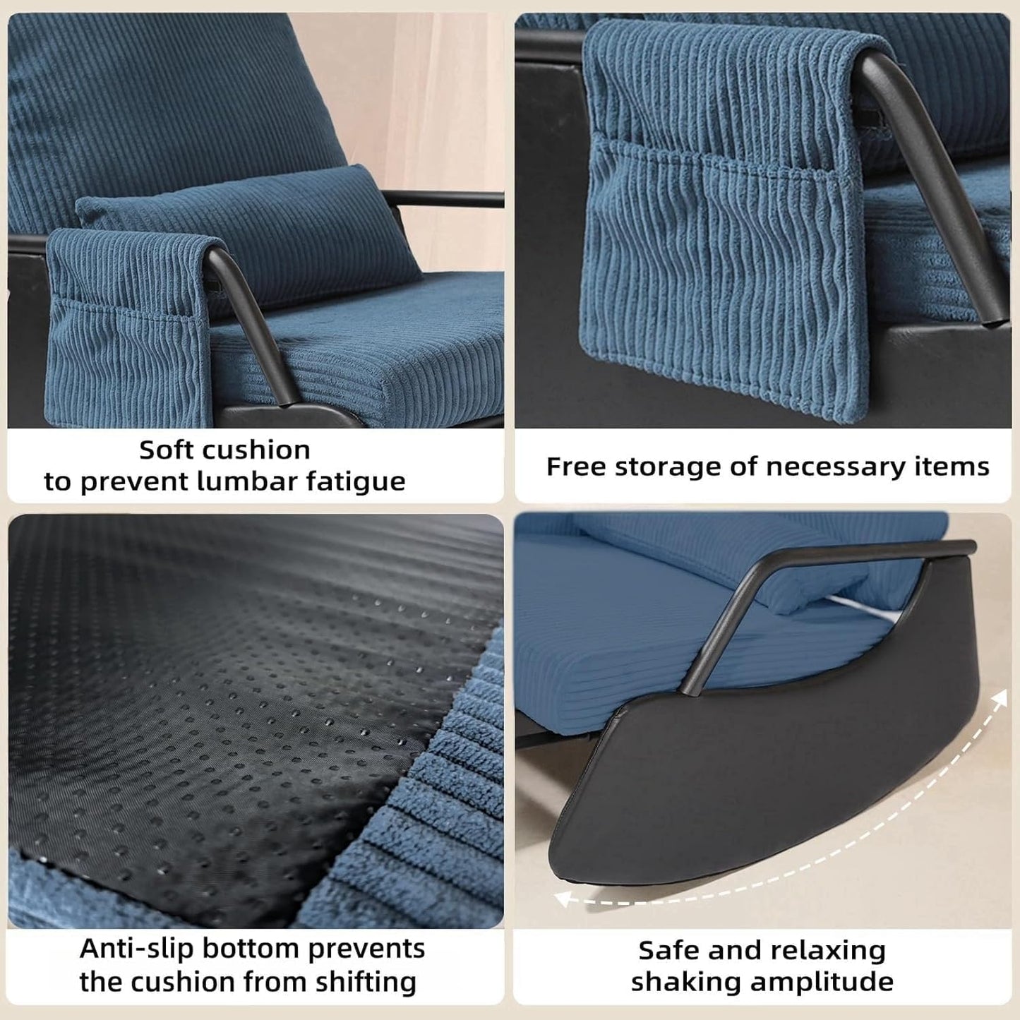 Rocking Chair for Nursery, Modern Upholstered Plush Seating Glider Recliner Chair with High Backrest and Side Pocket, Accent Armchair with Cushions for Living Room/Reading (Blue)