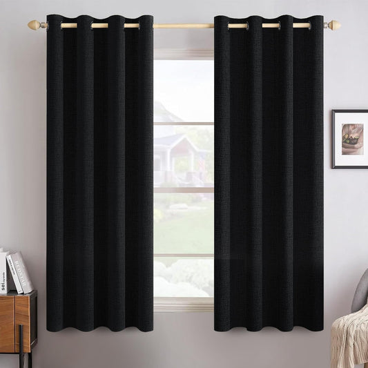 MIULEE Linen Texture Curtains for Bedroom Solid 100% Blackout Thermal Insulated Halloween Black Curtains Grommet Room Darkening Drapes for Living Room Nursery 52x45 Inch (2 Panels)