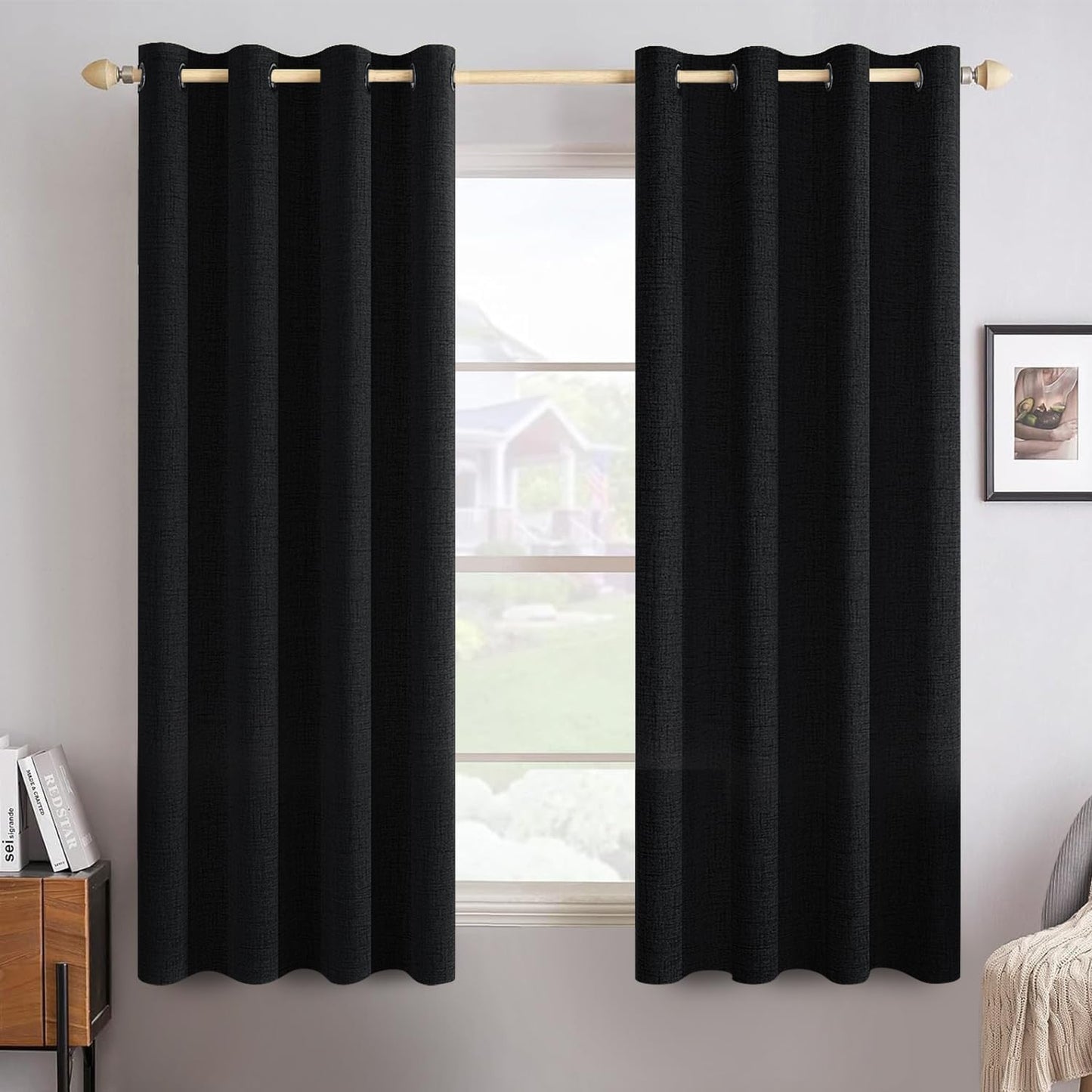 MIULEE Linen Texture Curtains for Bedroom Solid 100% Blackout Thermal Insulated Halloween Black Curtains Grommet Room Darkening Drapes for Living Room Nursery 52x54 Inch (2 Panels)