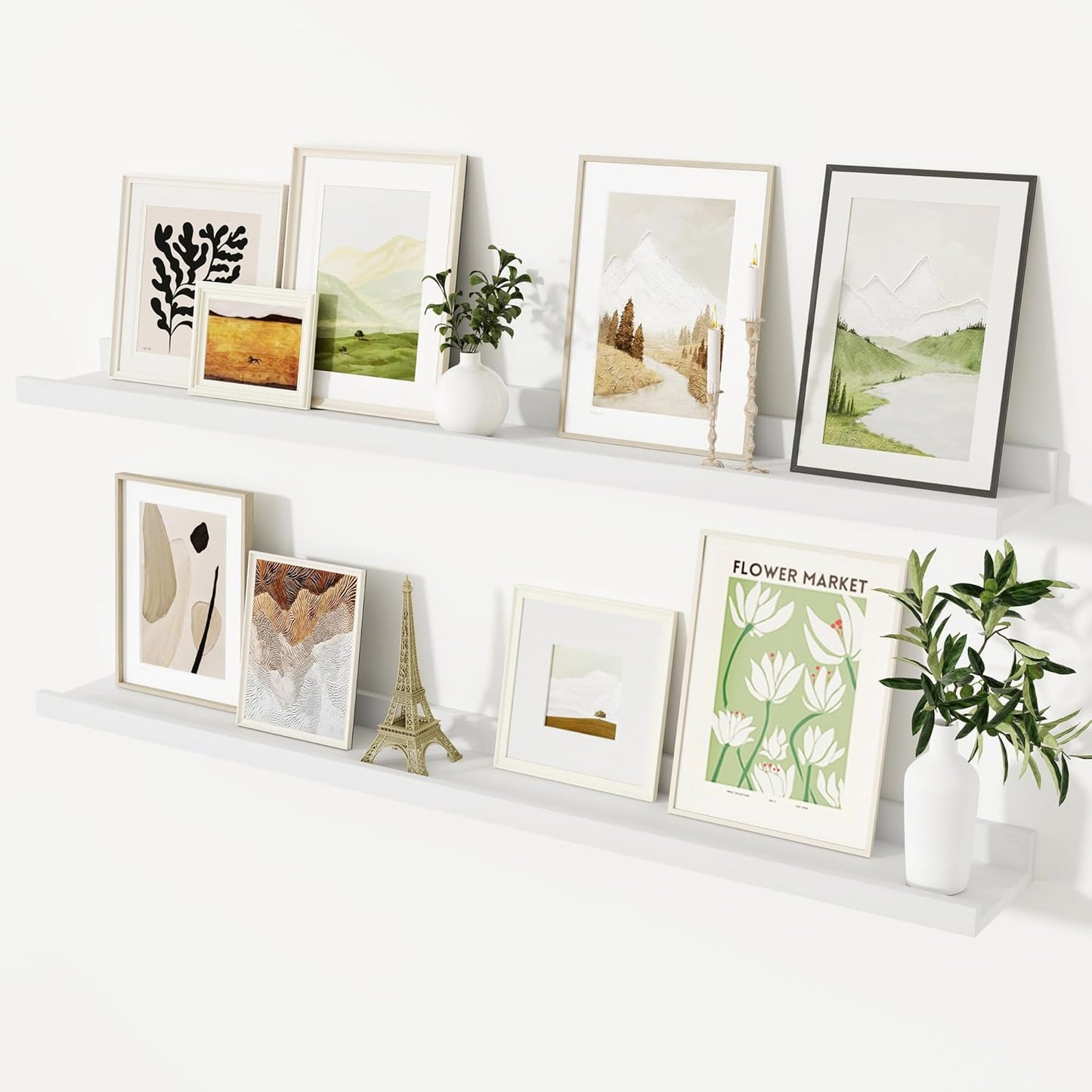 White Long Picture Shelves for Wall with Ledge, Solid Wood Floating Shelves with Lip, Wall Mounted Storage Shelves for Kitchen, Living Room, Bedroom, 48 Inch Long, Set of 2