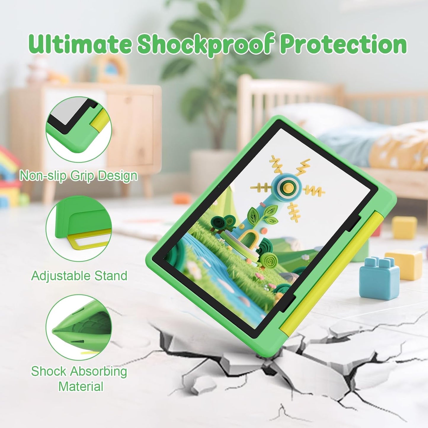Kids Tablet,Android 15 Tablet with HD Display,10.1 inch,Parental Control & Kids Mode, Octa-Core, GMS Certified,20GB RAM 64GB ROM,1TB Expandable, 5000mAh Battery, Dual Camera, Protective Case,Green